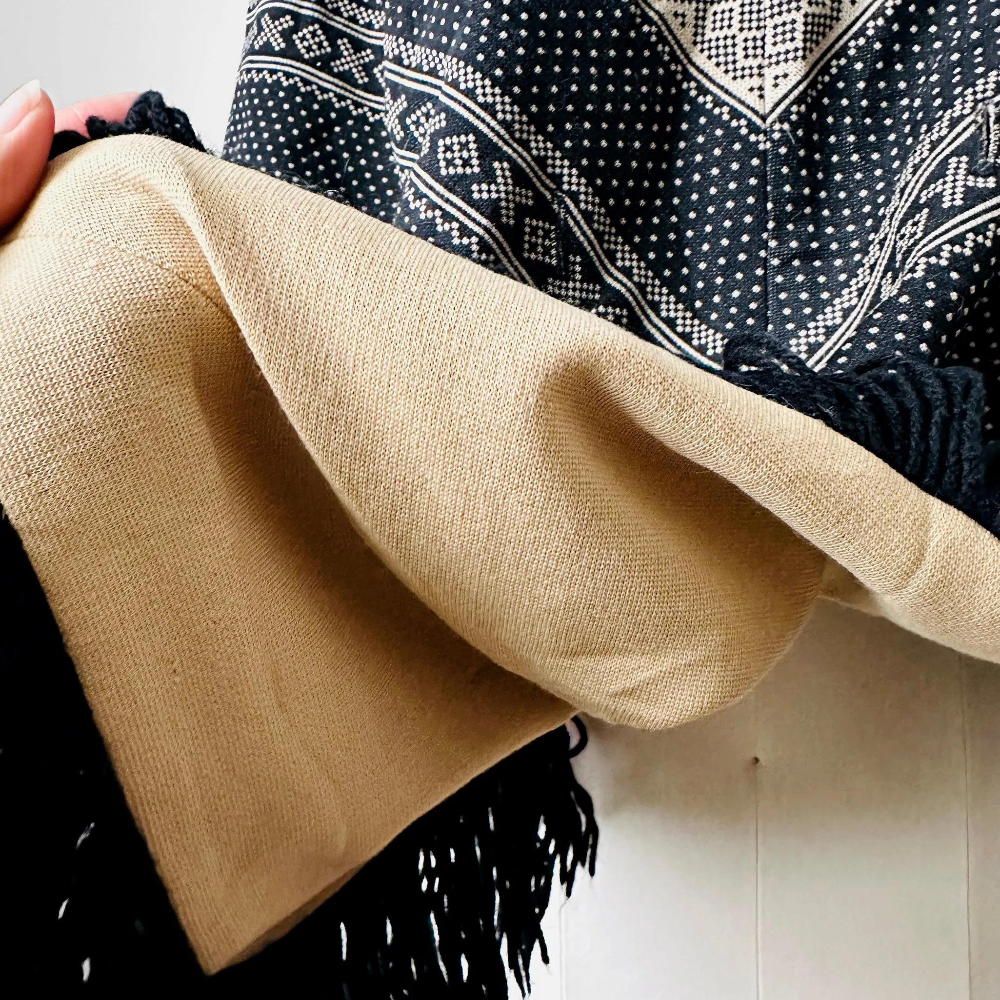 1970s Tan and Black Fringe Collared Button Neck Patterned Wool Poncho Shawl - O/S