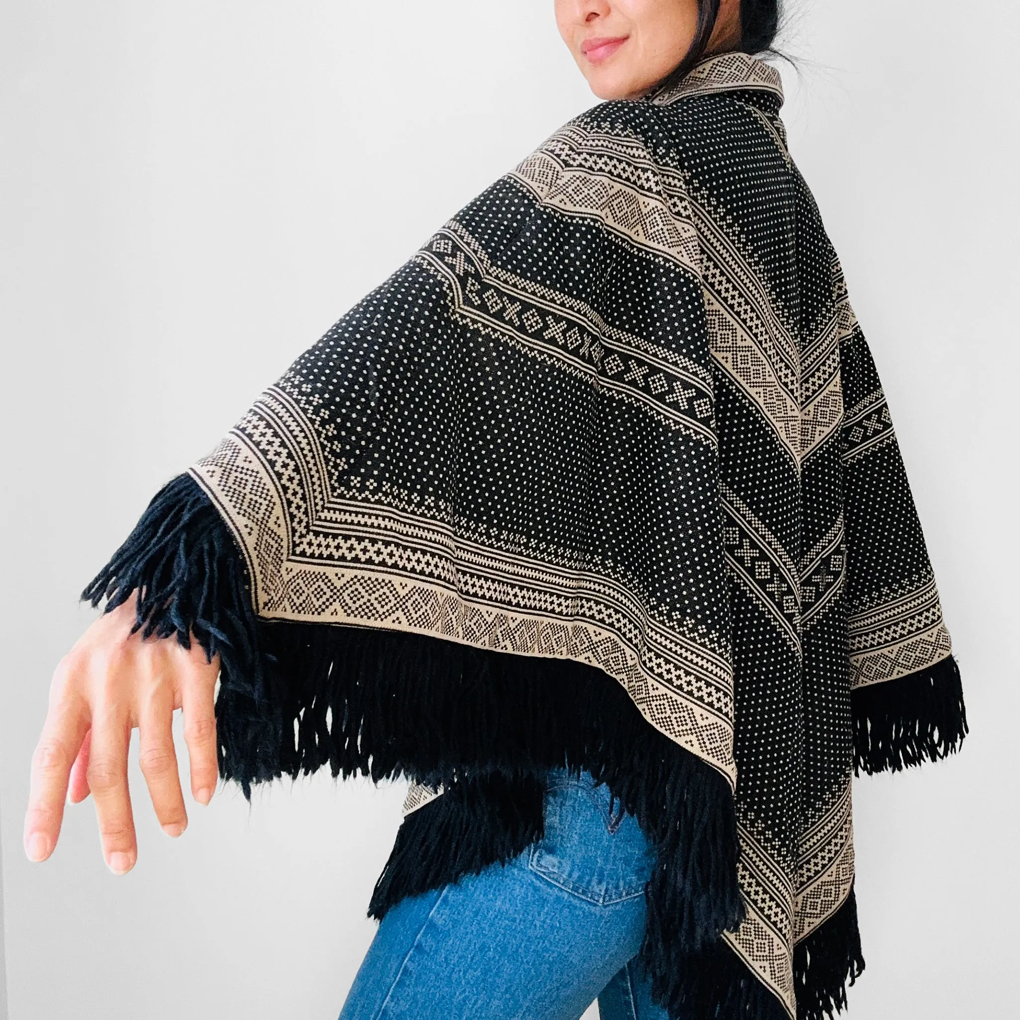 1970s Tan and Black Fringe Collared Button Neck Patterned Wool Poncho Shawl - O/S