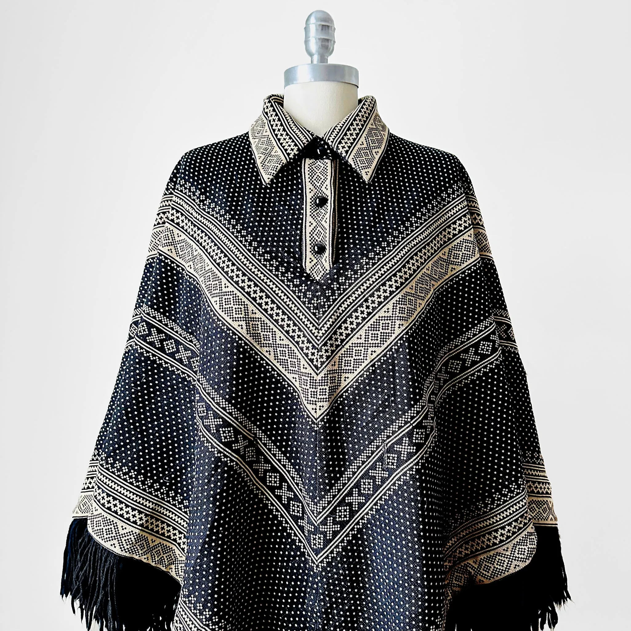 1970s Tan and Black Fringe Collared Button Neck Patterned Wool Poncho Shawl - O/S