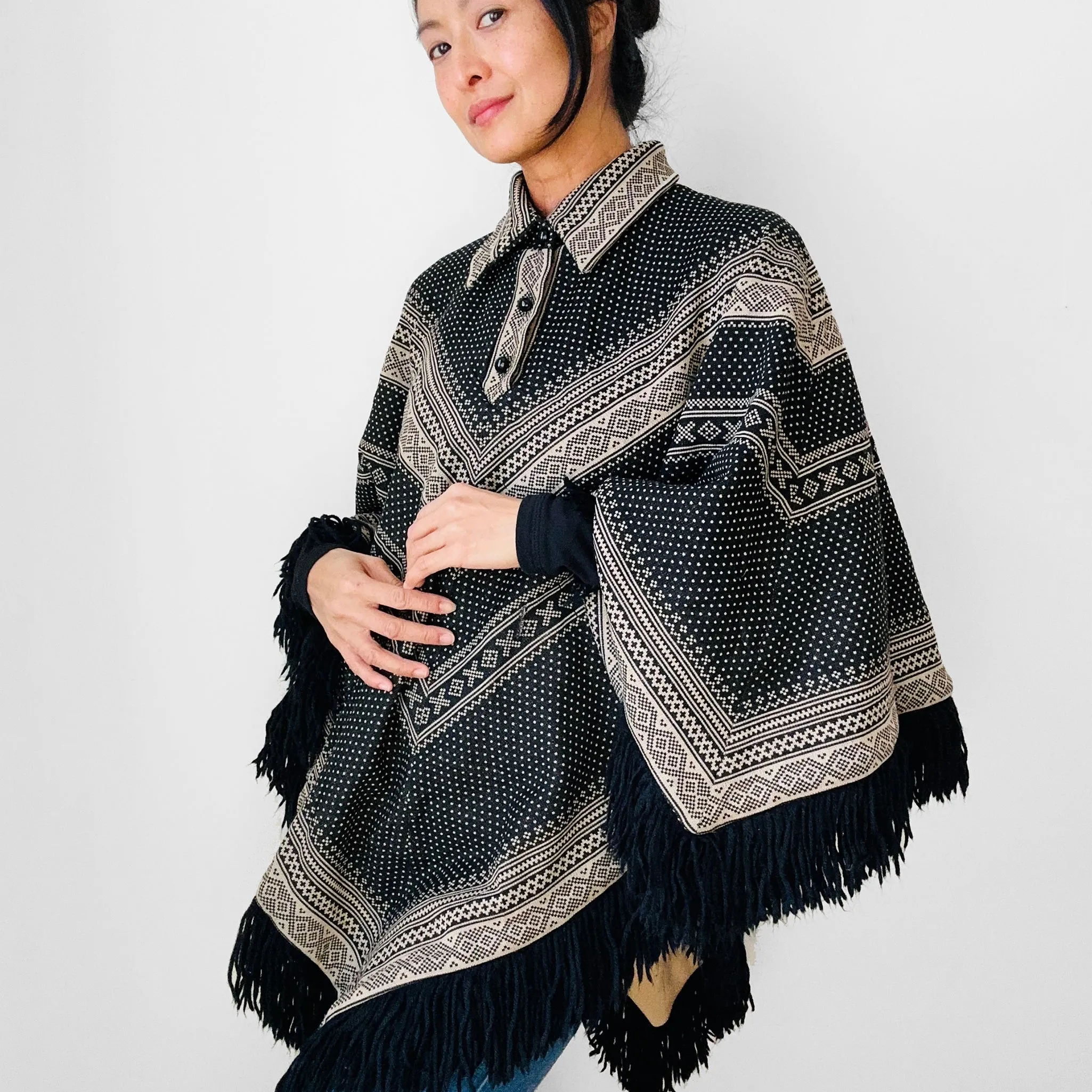 1970s Tan and Black Fringe Collared Button Neck Patterned Wool Poncho Shawl - O/S