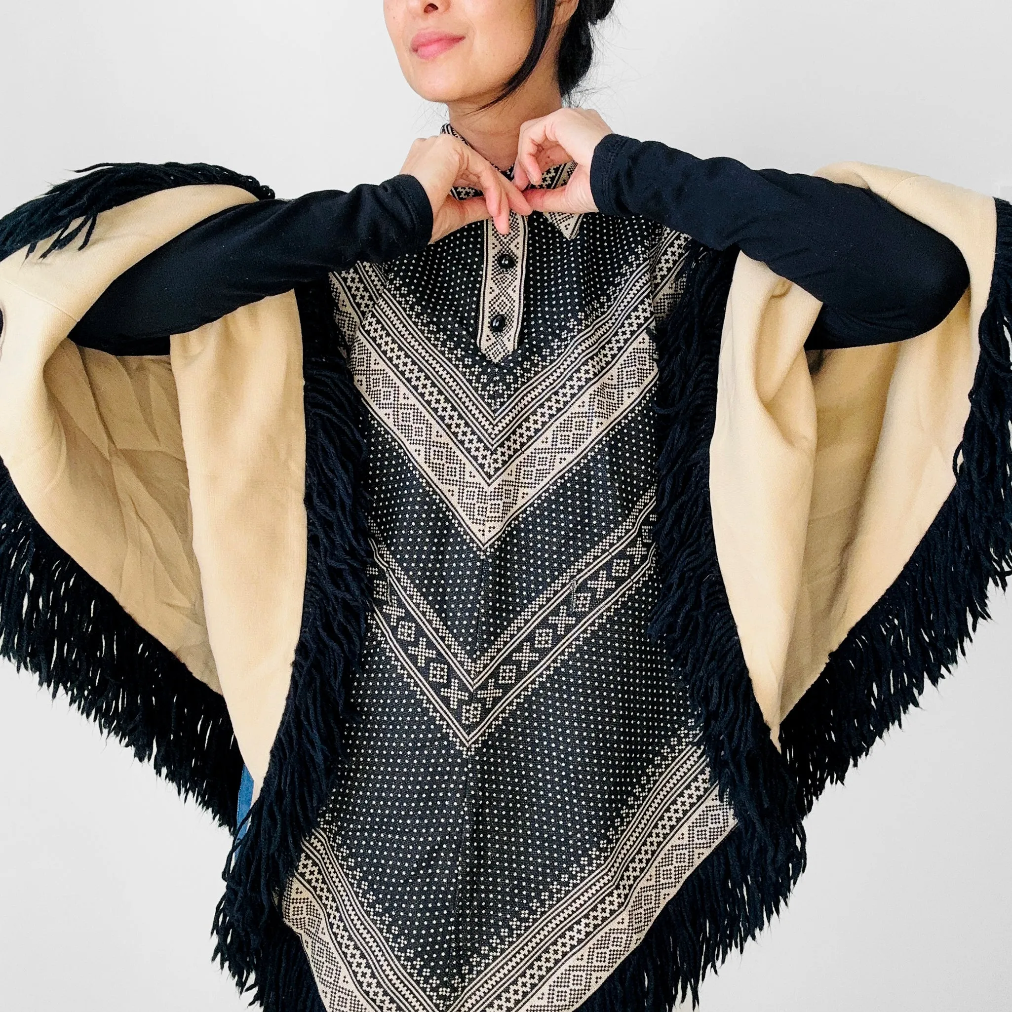 1970s Tan and Black Fringe Collared Button Neck Patterned Wool Poncho Shawl - O/S
