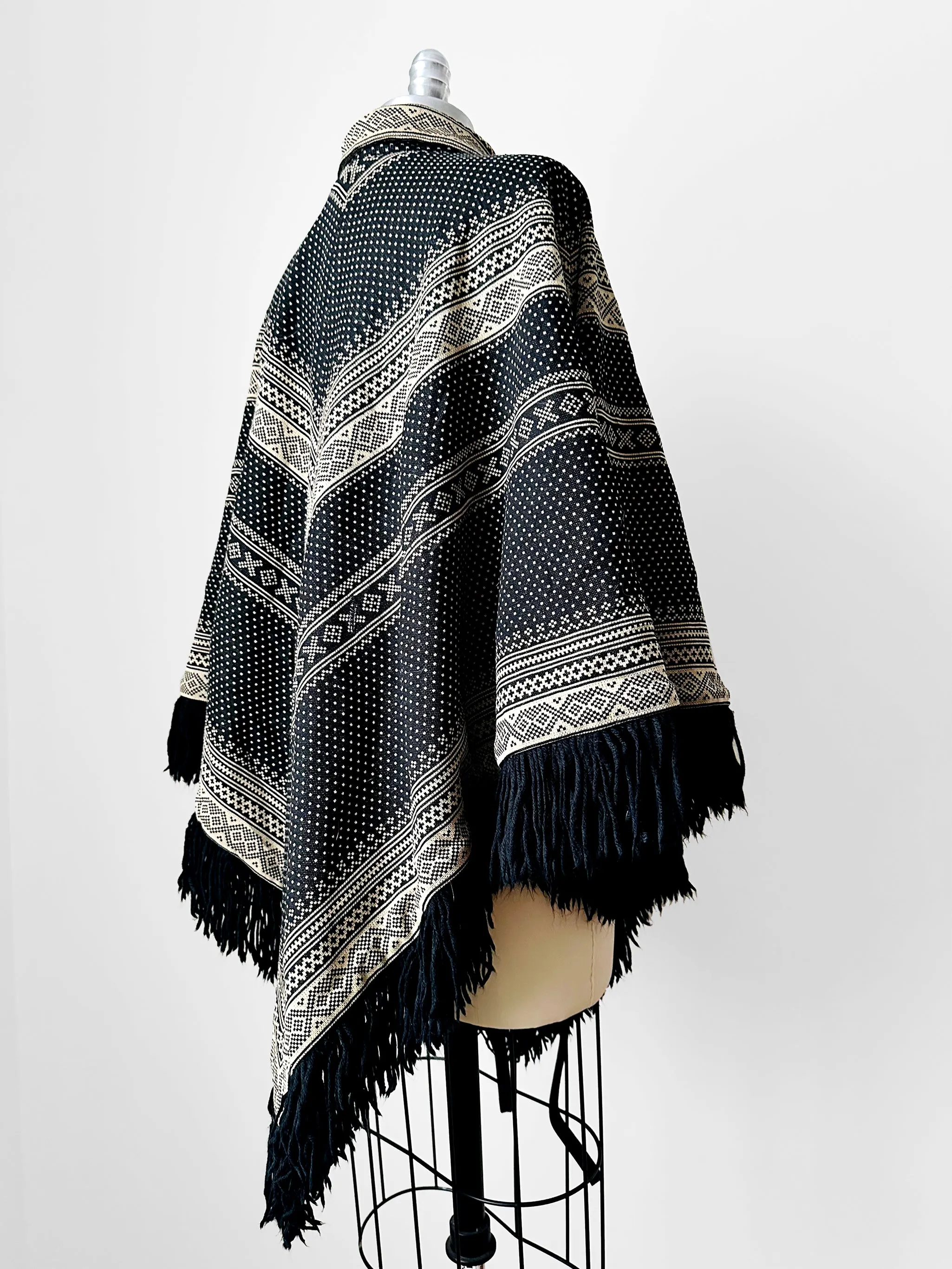 1970s Tan and Black Fringe Collared Button Neck Patterned Wool Poncho Shawl - O/S