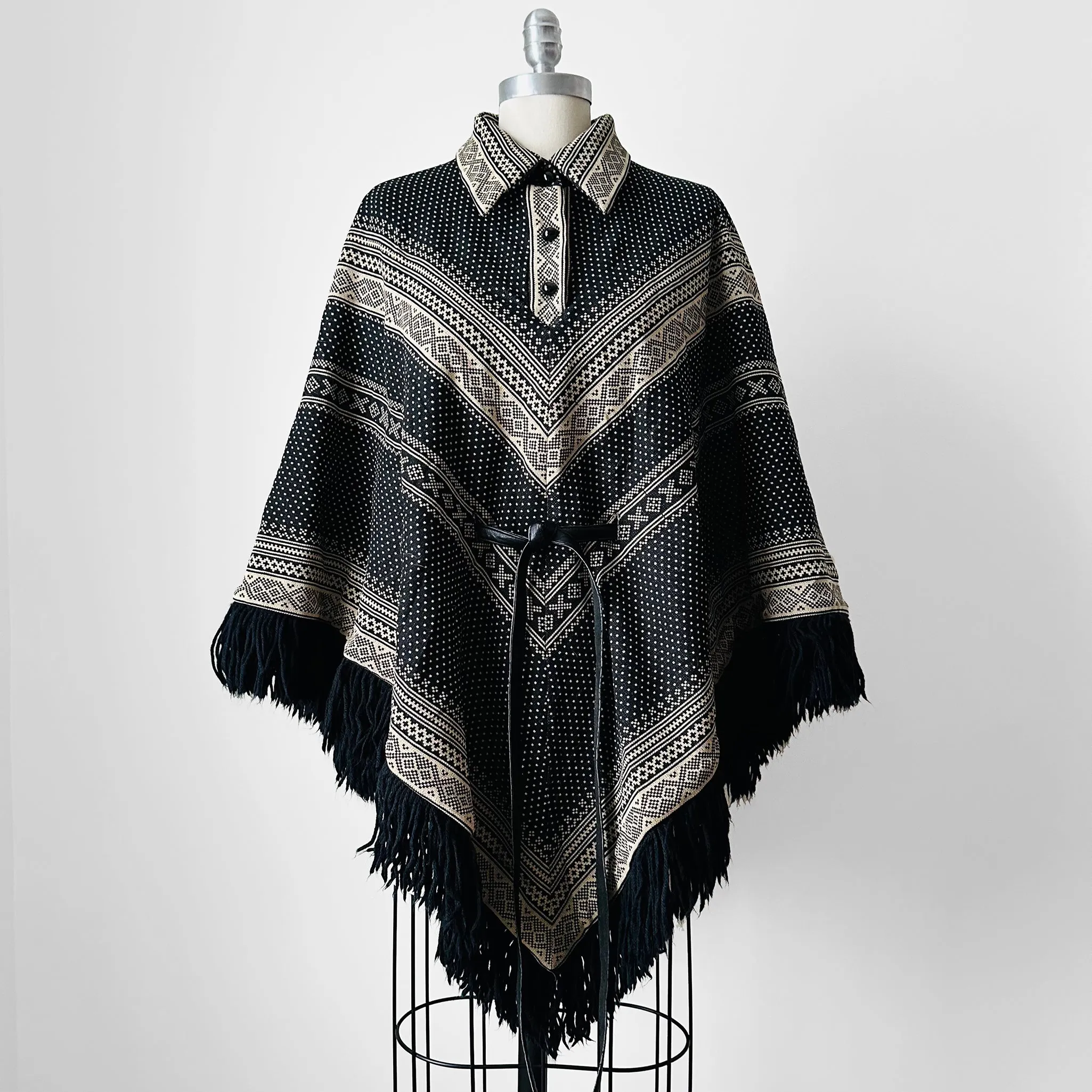 1970s Tan and Black Fringe Collared Button Neck Patterned Wool Poncho Shawl - O/S