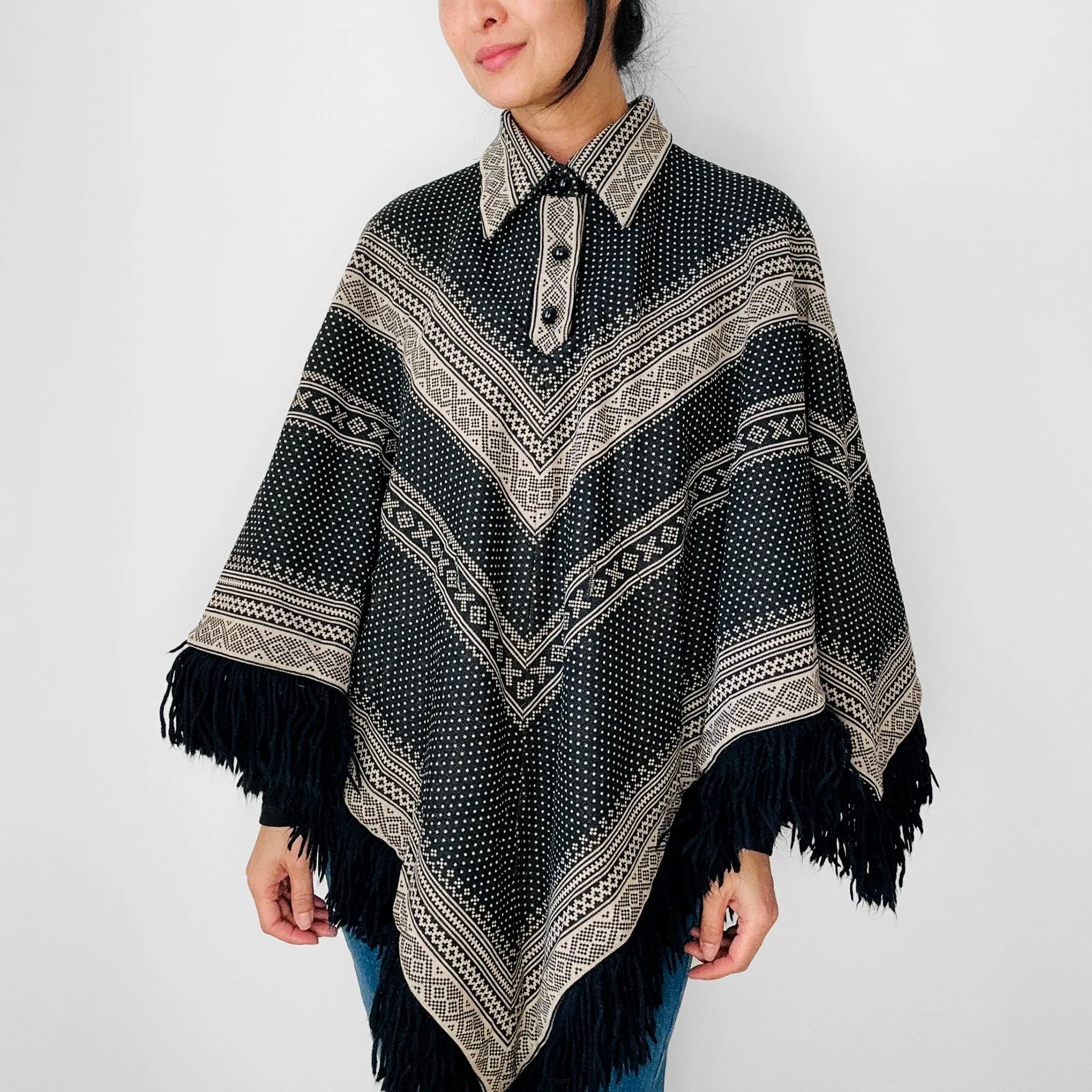 1970s Tan and Black Fringe Collared Button Neck Patterned Wool Poncho Shawl - O/S
