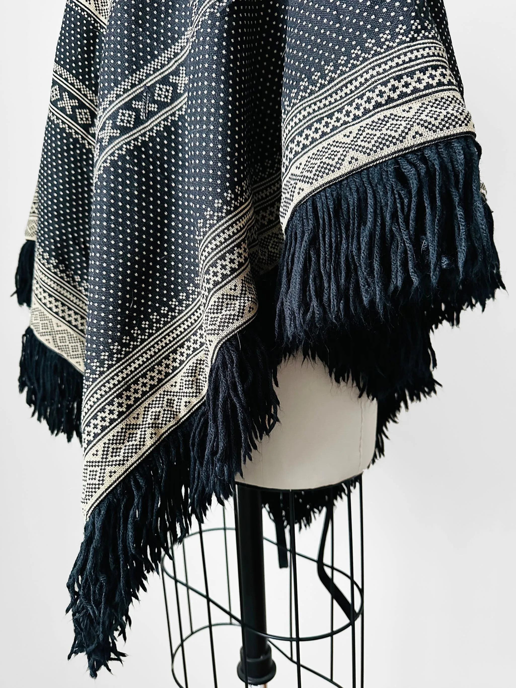 1970s Tan and Black Fringe Collared Button Neck Patterned Wool Poncho Shawl - O/S