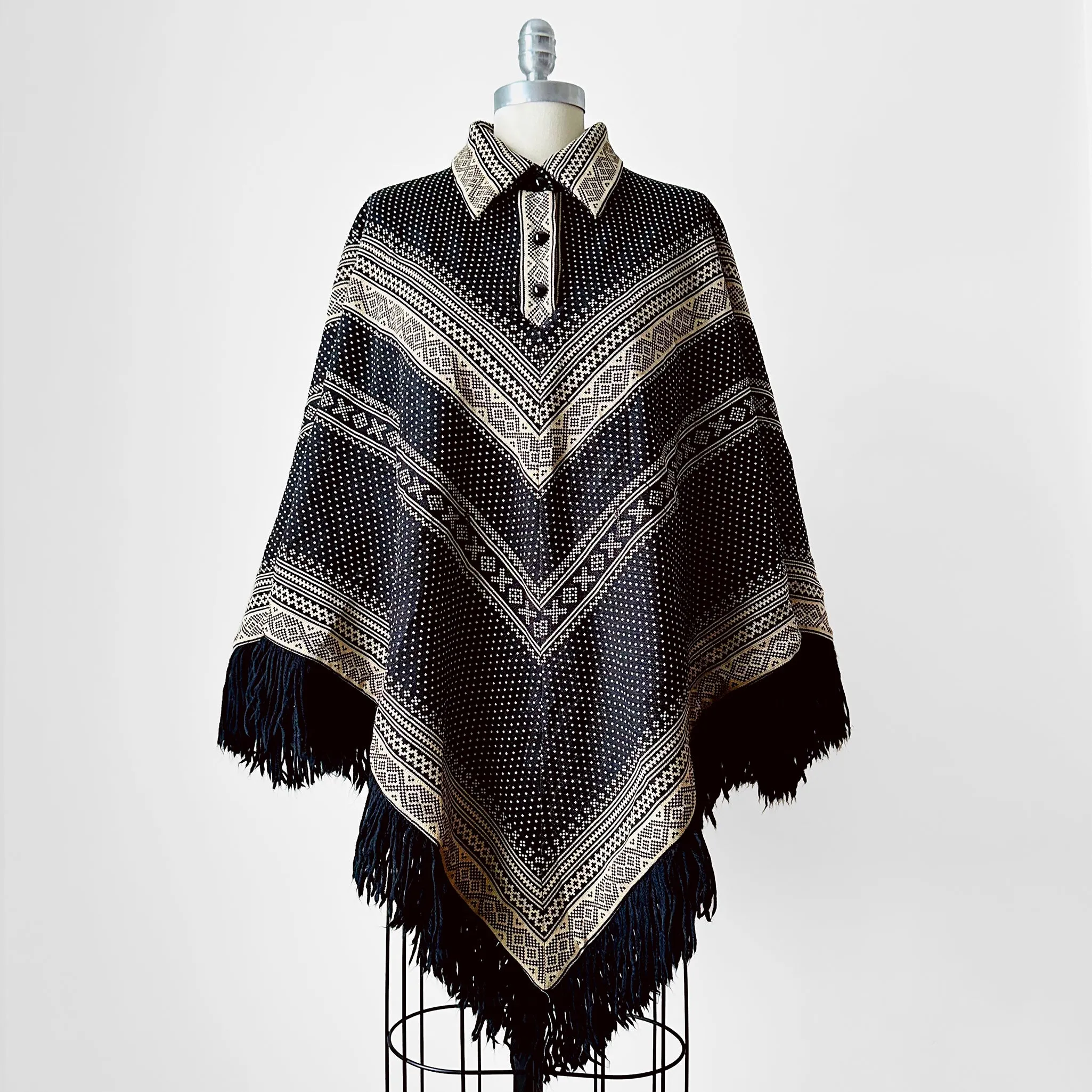 1970s Tan and Black Fringe Collared Button Neck Patterned Wool Poncho Shawl - O/S