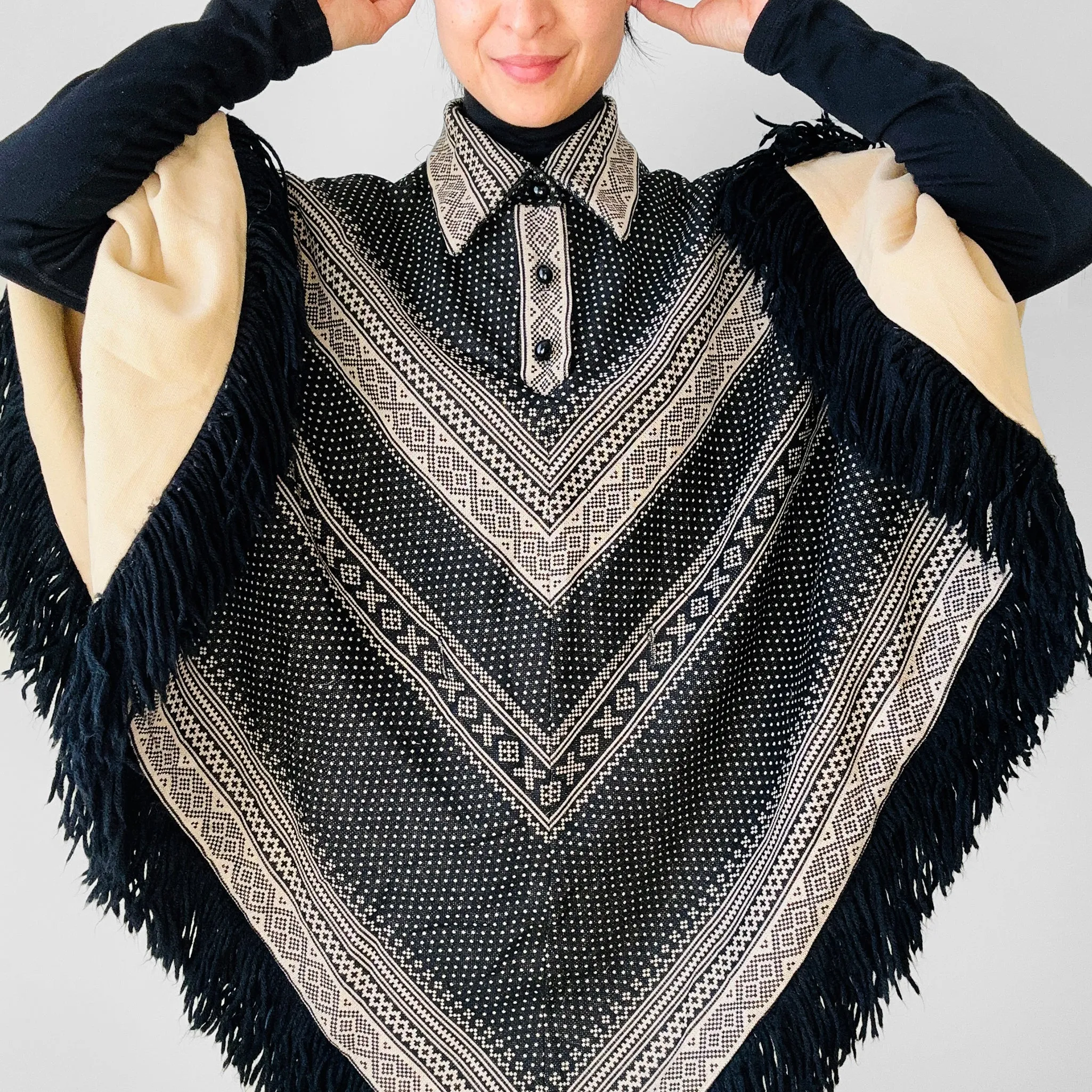 1970s Tan and Black Fringe Collared Button Neck Patterned Wool Poncho Shawl - O/S