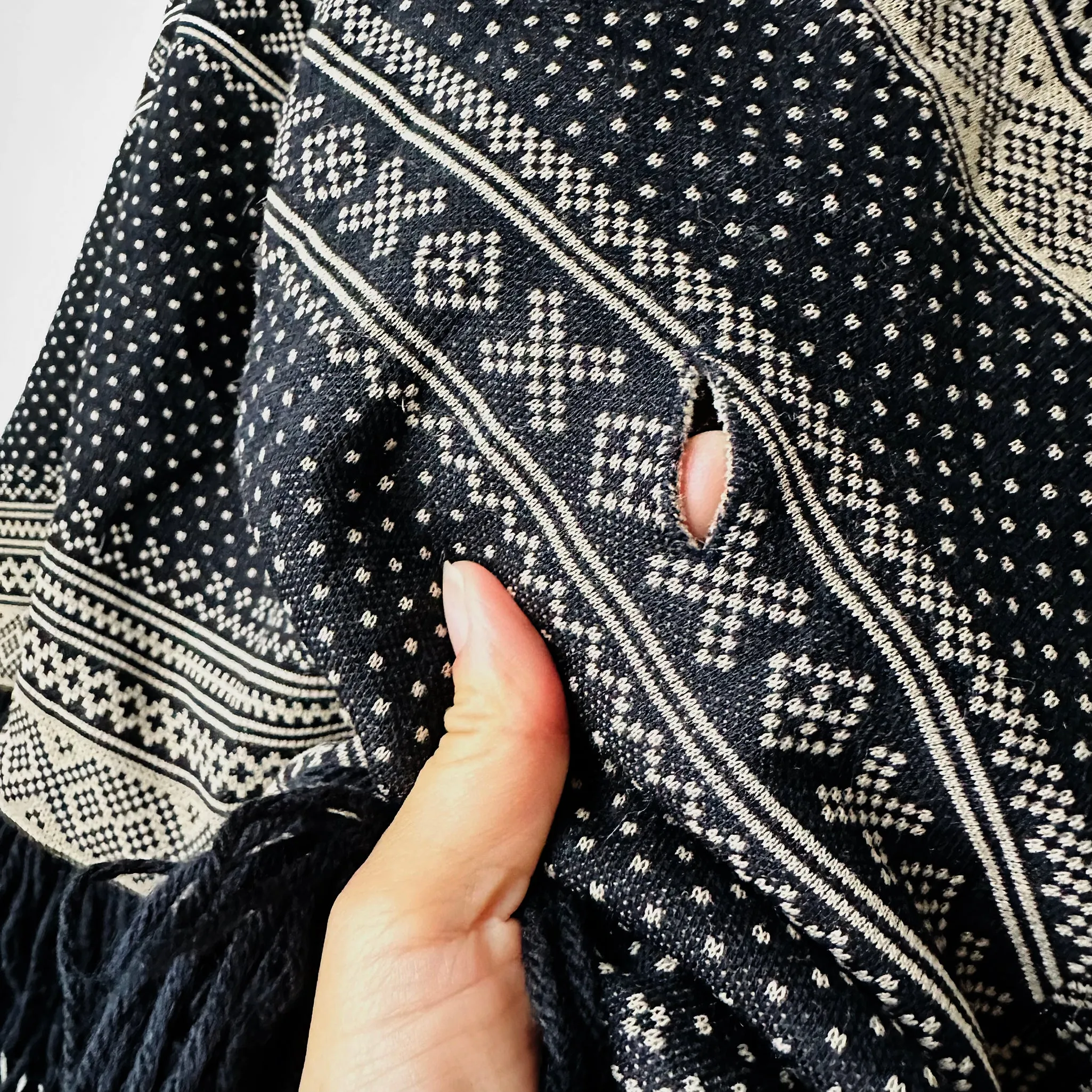 1970s Tan and Black Fringe Collared Button Neck Patterned Wool Poncho Shawl - O/S