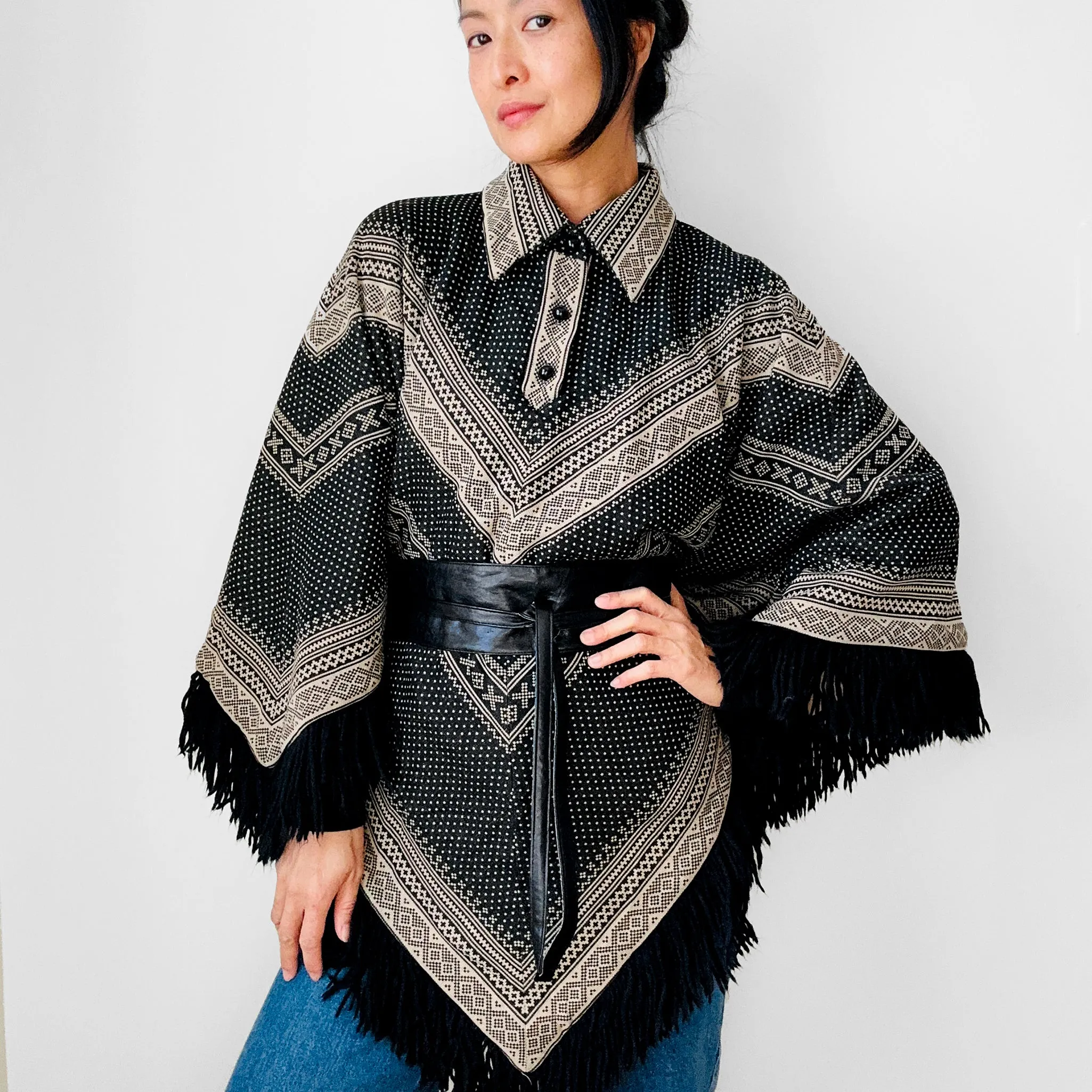1970s Tan and Black Fringe Collared Button Neck Patterned Wool Poncho Shawl - O/S