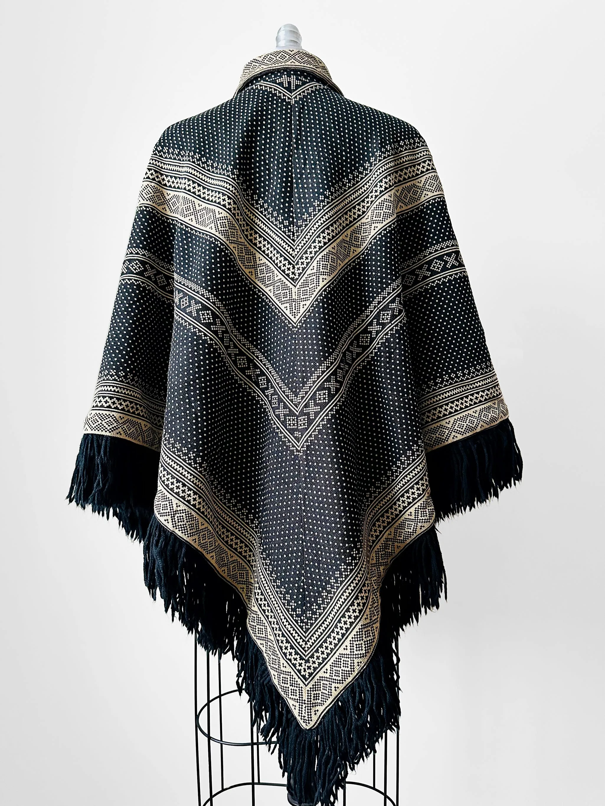 1970s Tan and Black Fringe Collared Button Neck Patterned Wool Poncho Shawl - O/S