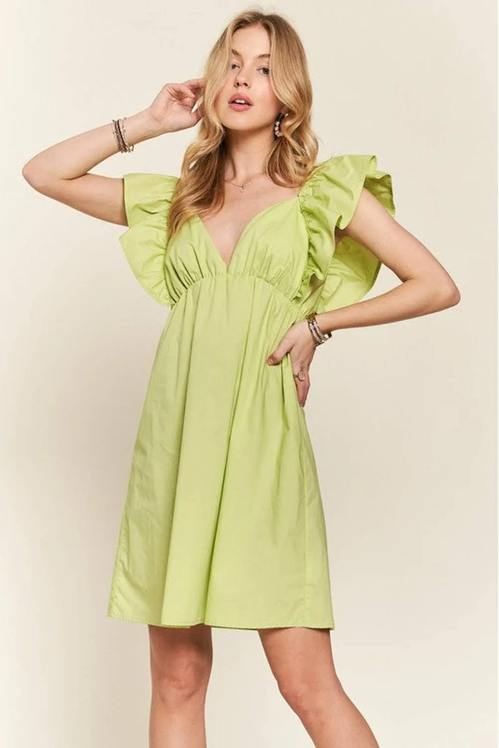 ADORA - 100% Cotton Smocked Back Ruffled Cap Sleeve Babydoll Mini Dress (Lime)