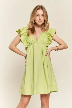 ADORA - 100% Cotton Smocked Back Ruffled Cap Sleeve Babydoll Mini Dress (Lime)