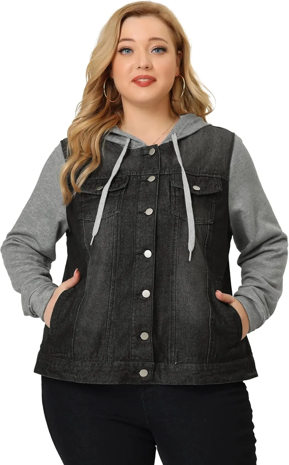 Agnes Orinda Women's Plus Size Denim Jacket with Hood Long Sleeve Western Outfit Casual Hoodie Jean Jackets