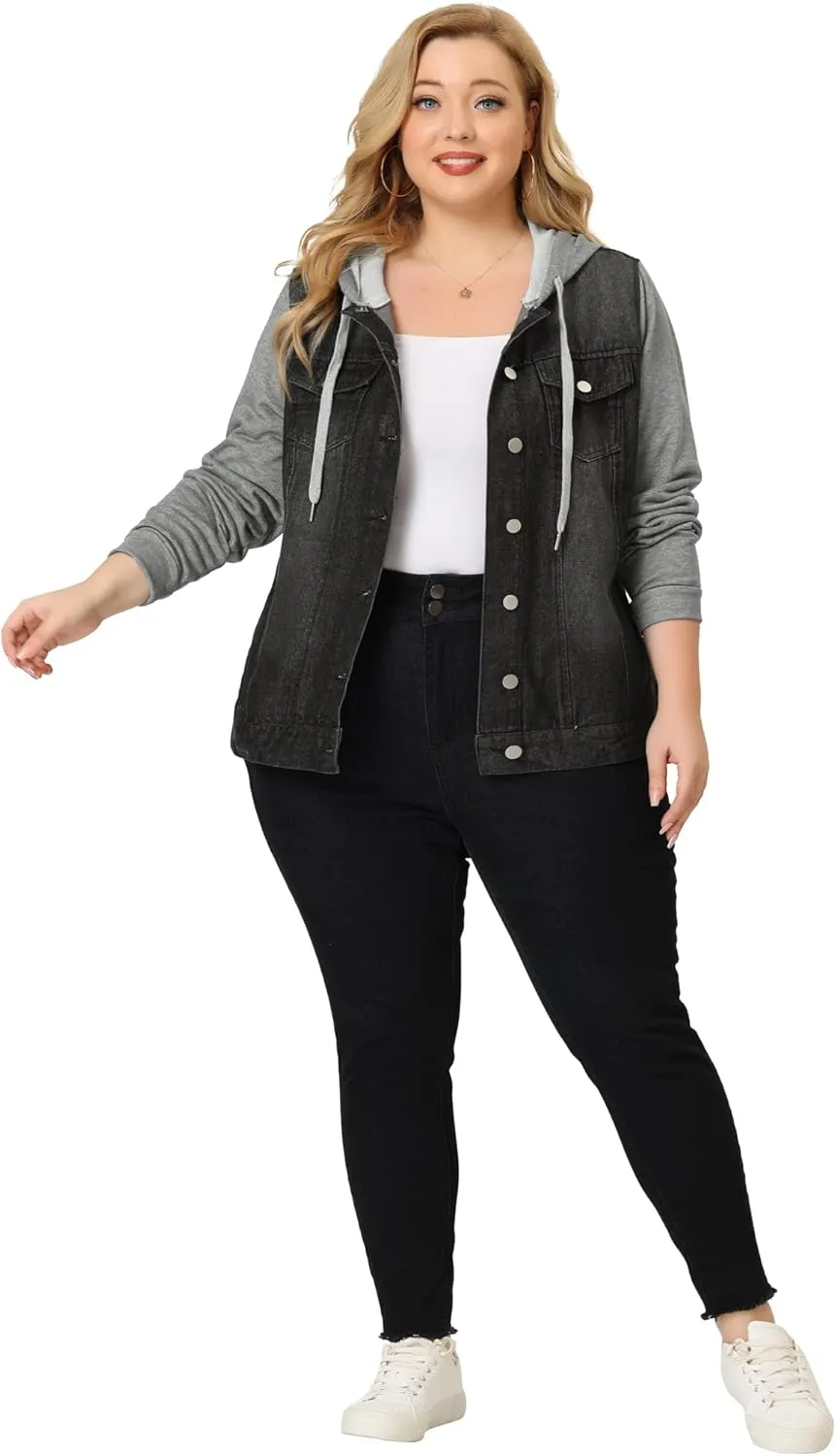 Agnes Orinda Women's Plus Size Denim Jacket with Hood Long Sleeve Western Outfit Casual Hoodie Jean Jackets