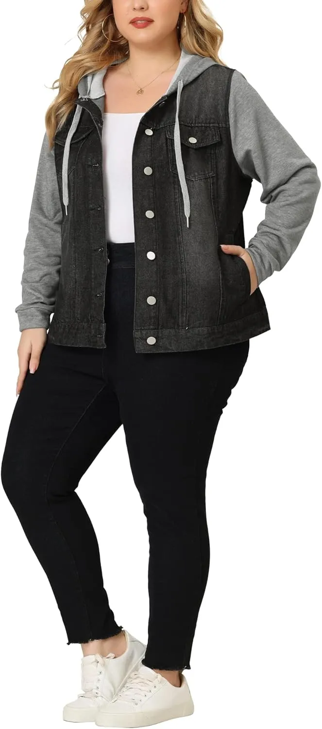 Agnes Orinda Women's Plus Size Denim Jacket with Hood Long Sleeve Western Outfit Casual Hoodie Jean Jackets