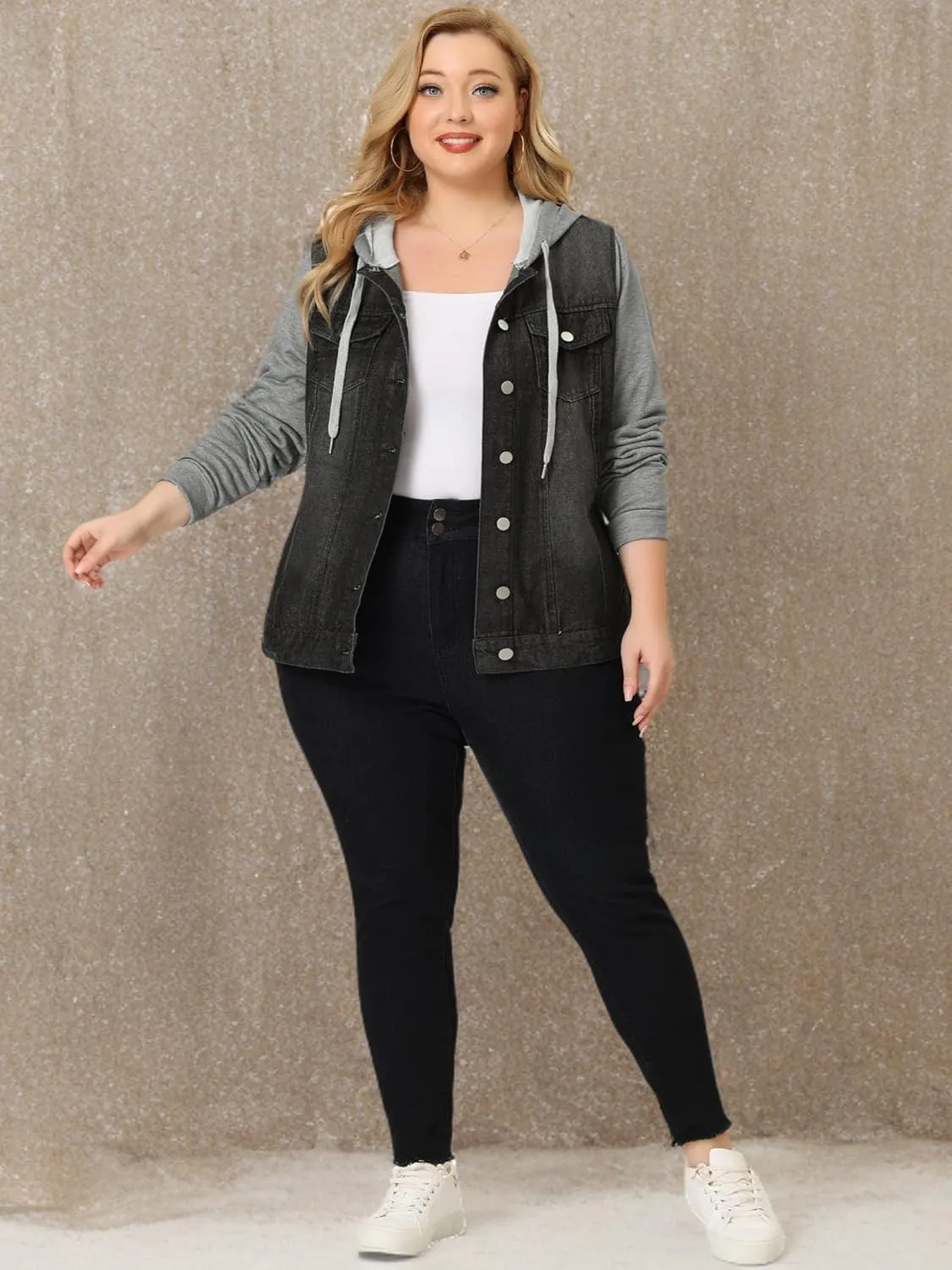 Agnes Orinda Women's Plus Size Denim Jacket with Hood Long Sleeve Western Outfit Casual Hoodie Jean Jackets