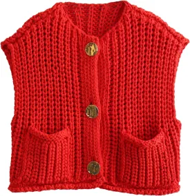 Ainangua Sleeveless Cropped Cardigan for Women Casual Chunky Knit Tank Tops Button Down Open Front Sweater Vest with Pockets