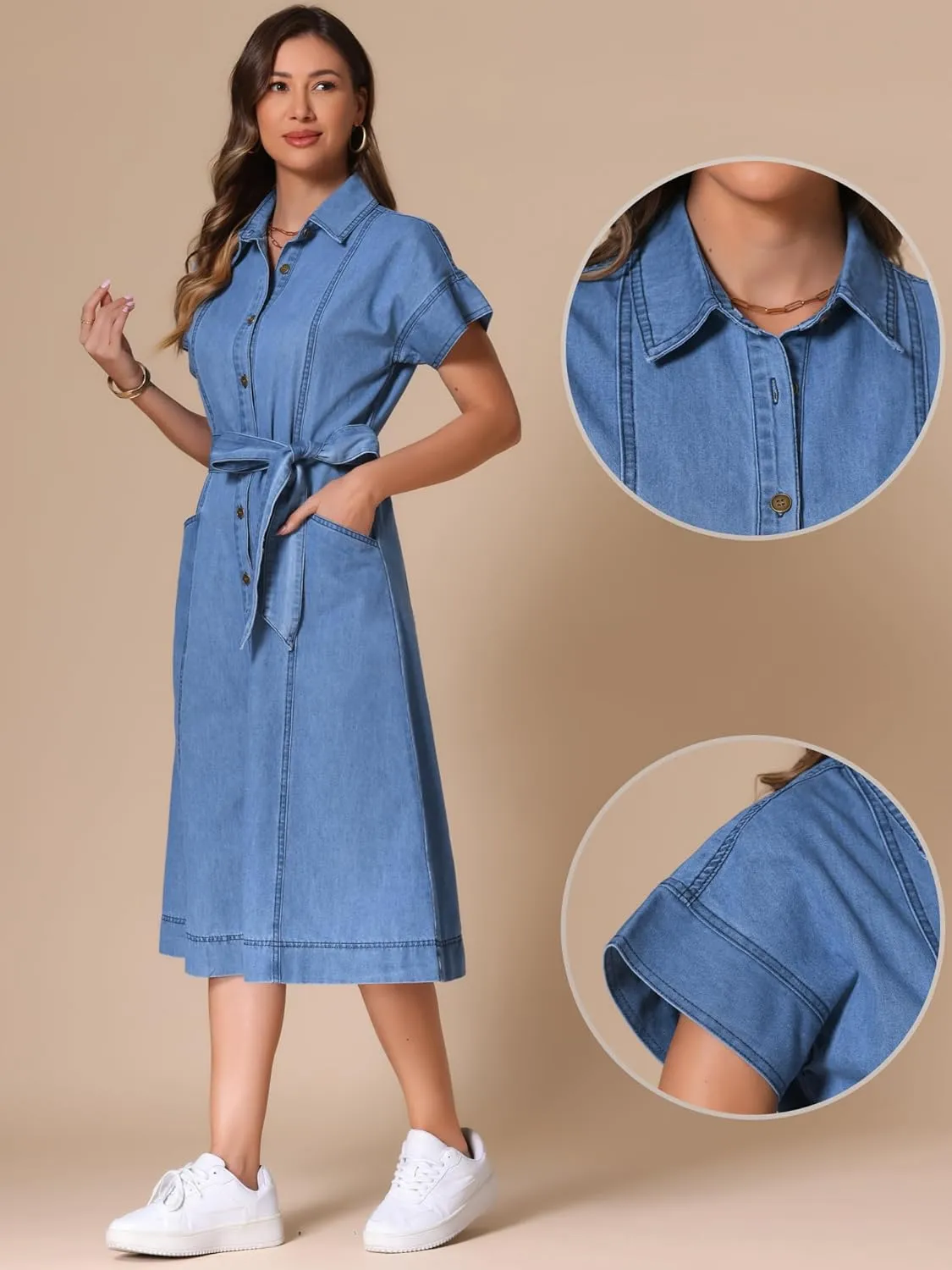 Allegra K Denim Shirt Dress for Women's Casual Button Down Short Sleeves Belted Jean Midi Dress 2025 Trendy Outfits