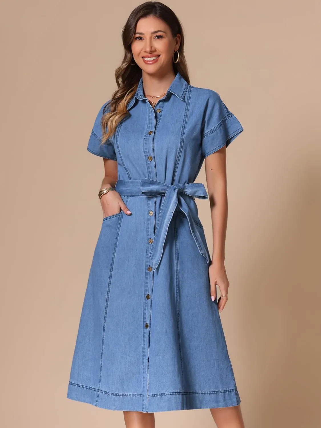 Allegra K Denim Shirt Dress for Women's Casual Button Down Short Sleeves Belted Jean Midi Dress 2025 Trendy Outfits