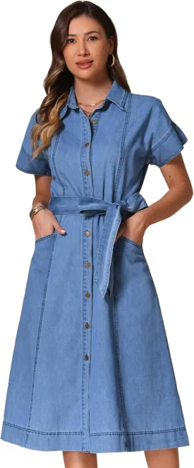 Allegra K Denim Shirt Dress for Women's Casual Button Down Short Sleeves Belted Jean Midi Dress 2025 Trendy Outfits