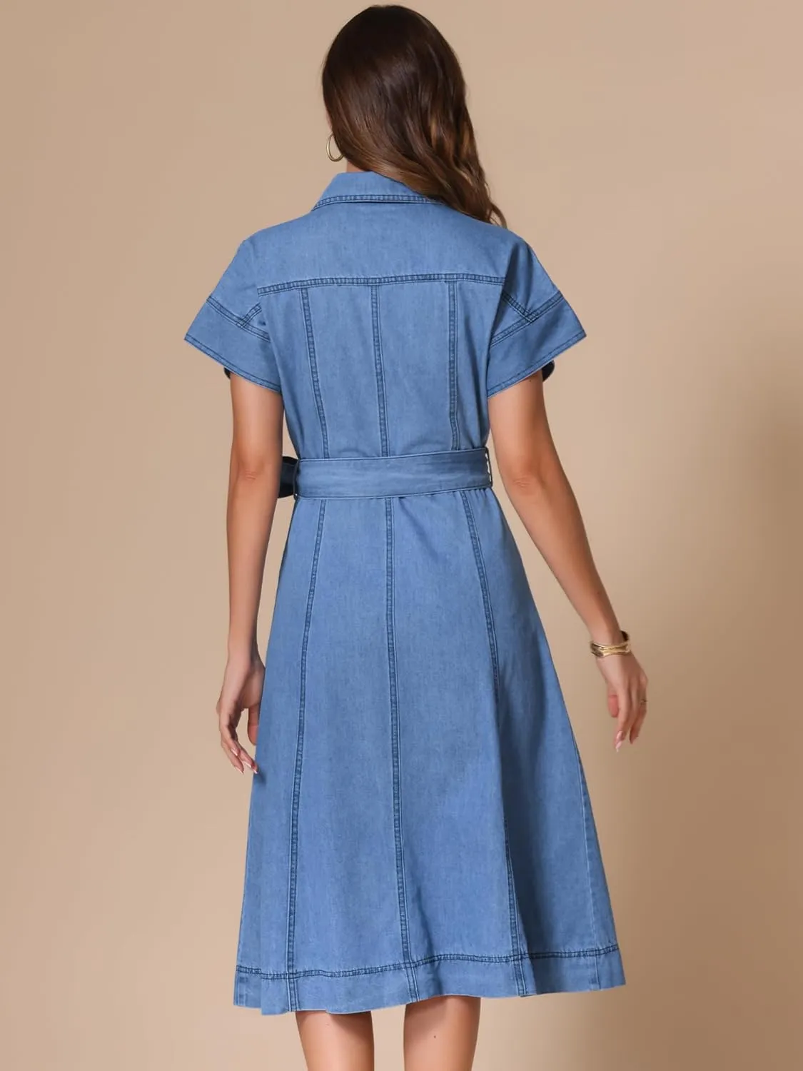 Allegra K Denim Shirt Dress for Women's Casual Button Down Short Sleeves Belted Jean Midi Dress 2025 Trendy Outfits