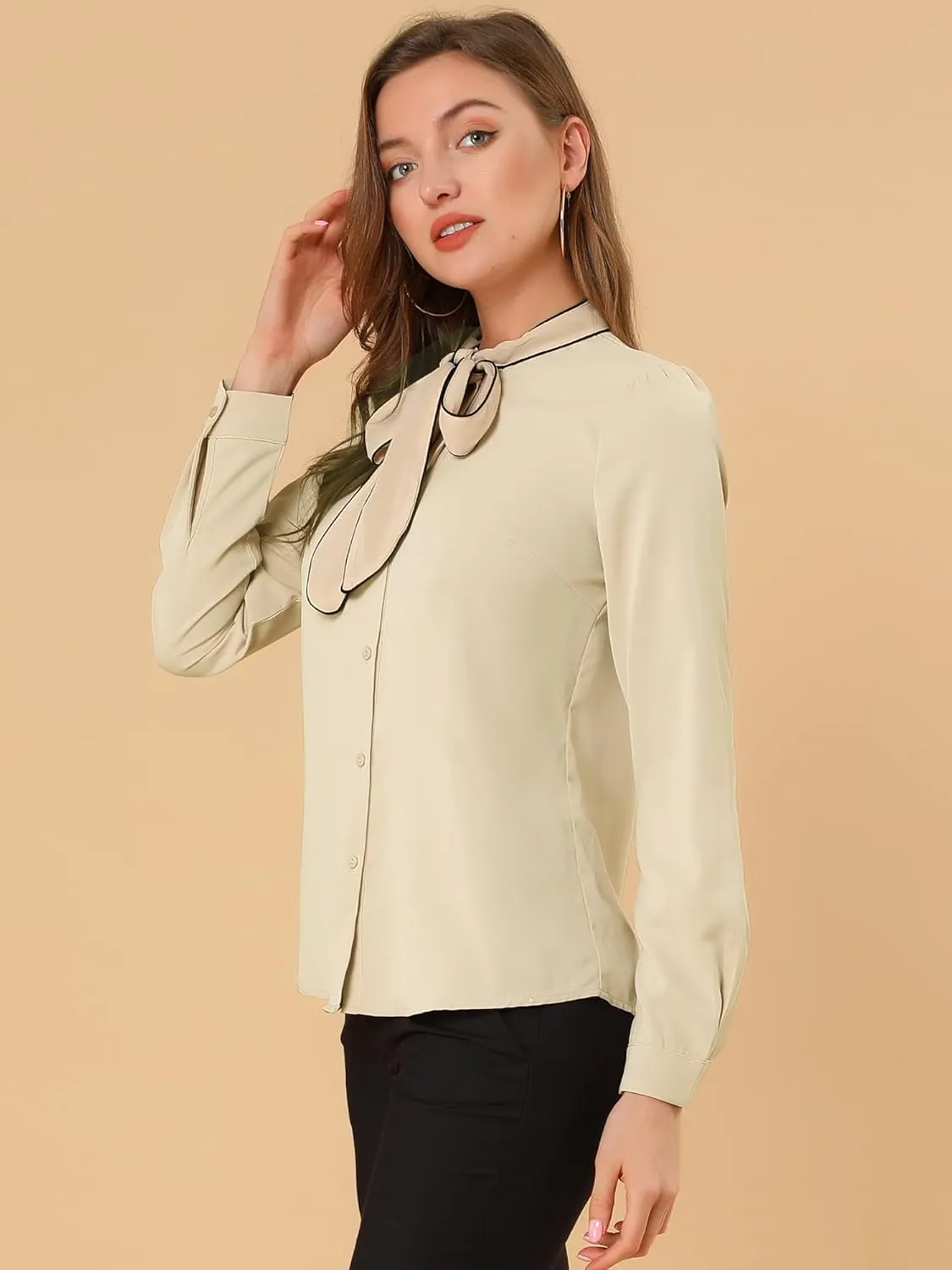 Allegra K Women's Bow Tie Blouse Button Down Long Sleeve Business Casual Work Shirt Top