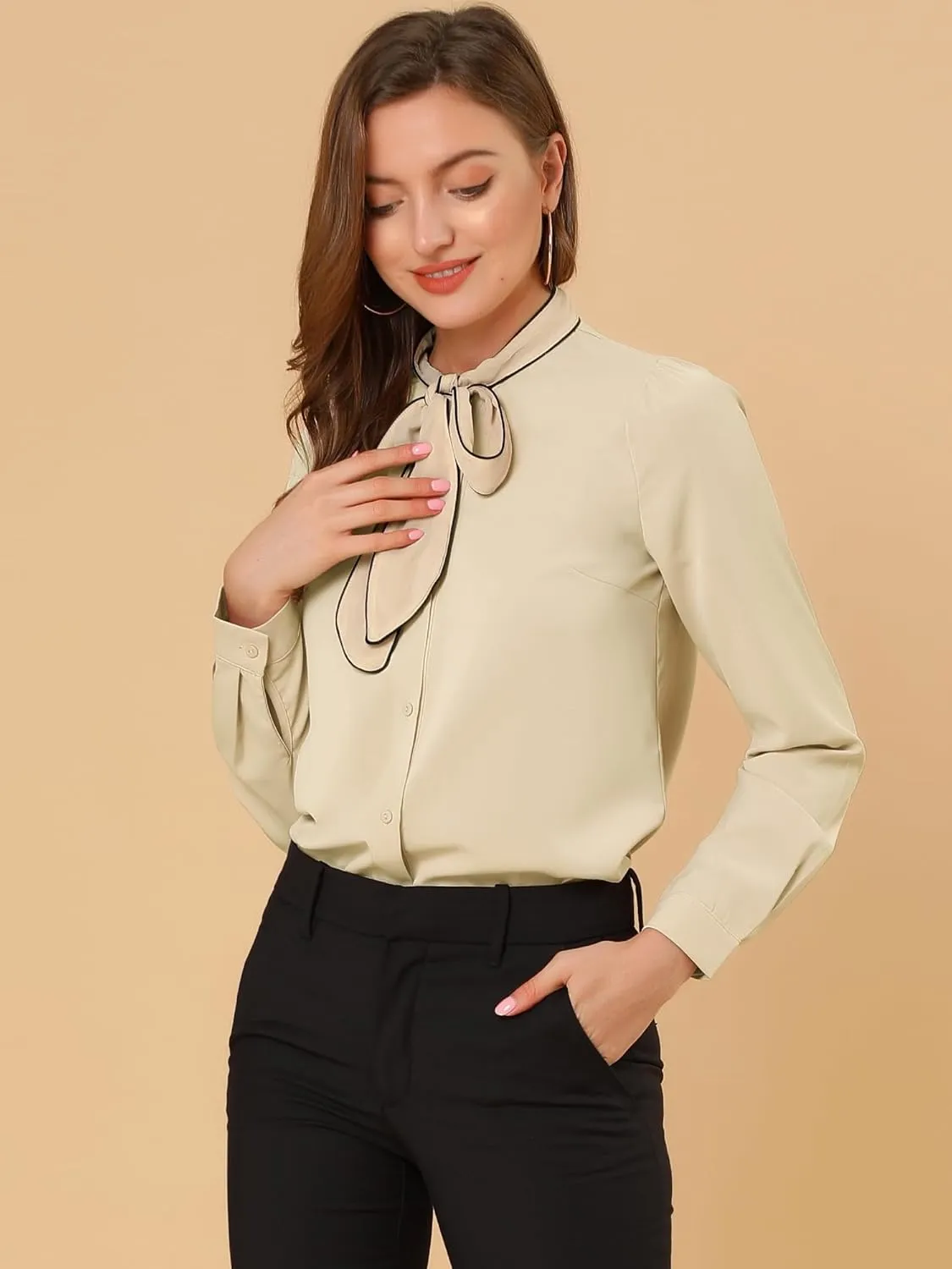 Allegra K Women's Bow Tie Blouse Button Down Long Sleeve Business Casual Work Shirt Top