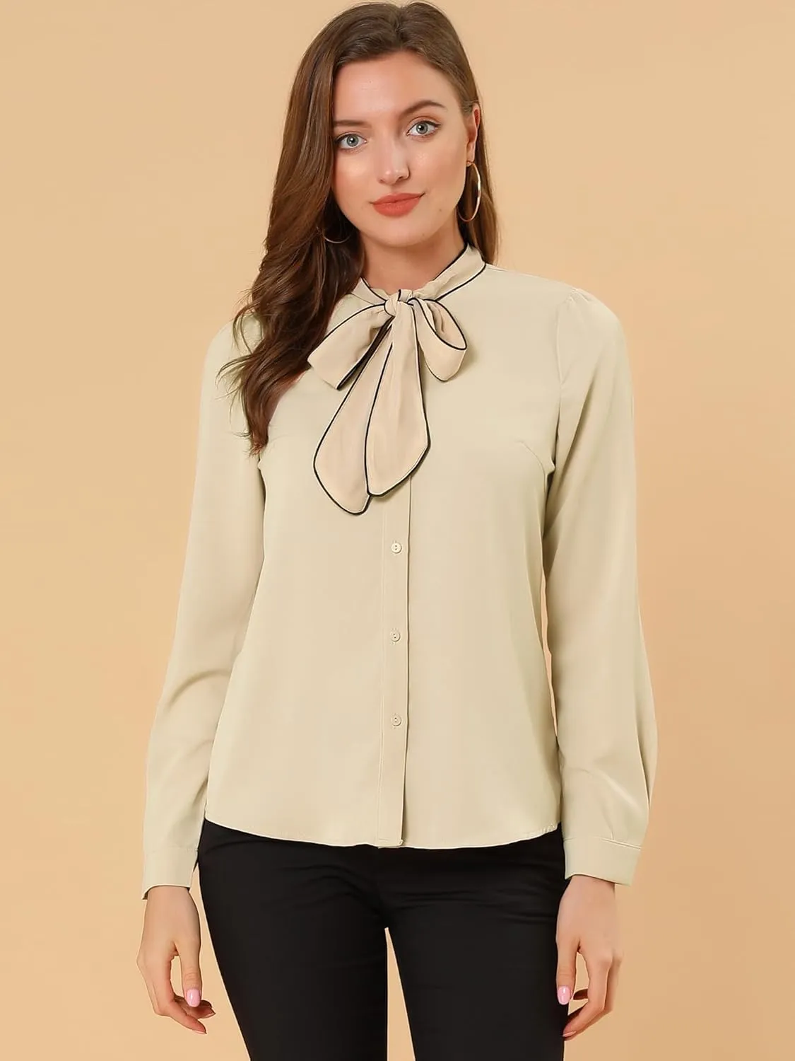 Allegra K Women's Bow Tie Blouse Button Down Long Sleeve Business Casual Work Shirt Top
