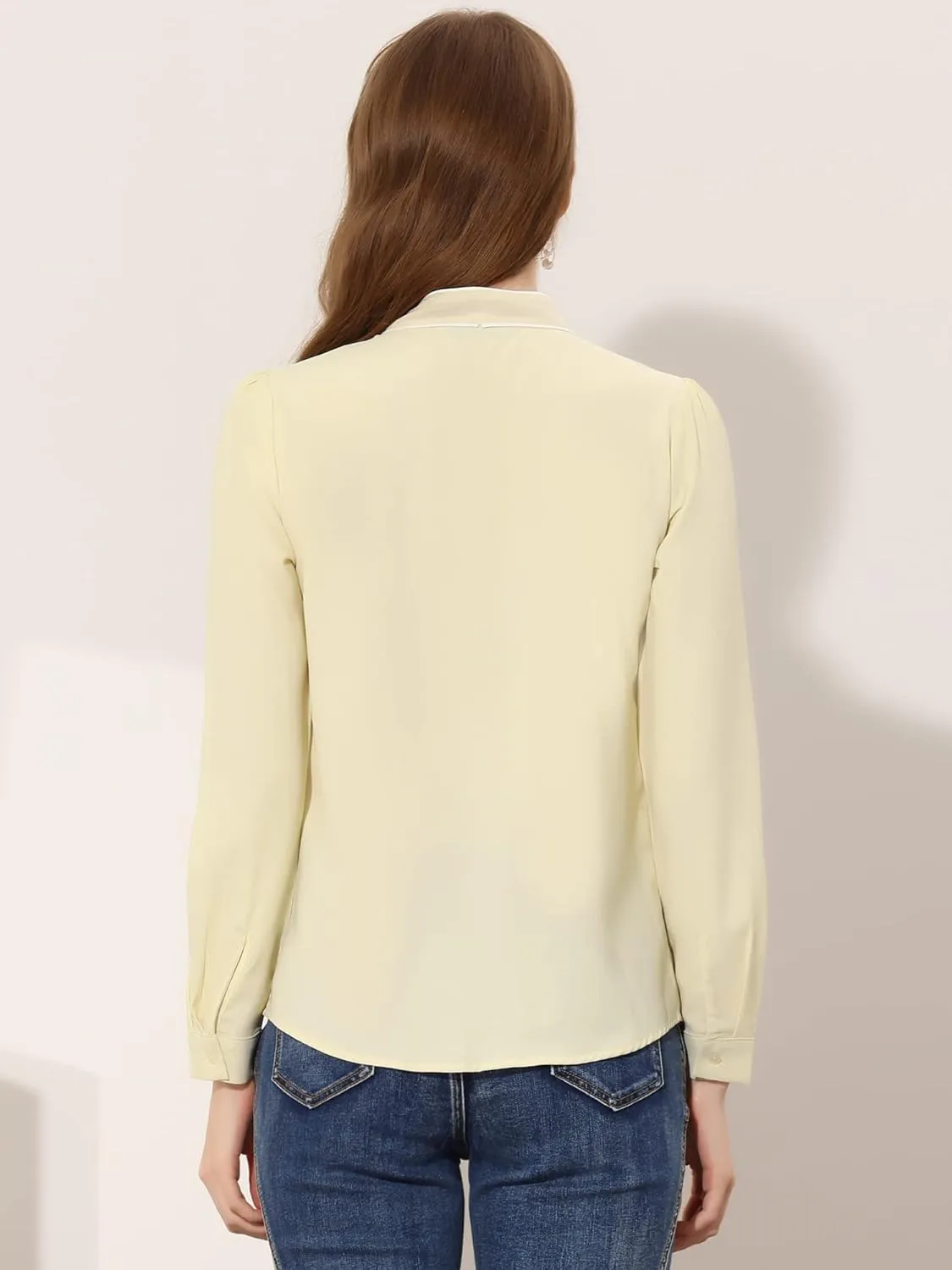 Allegra K Women's Bow Tie Blouse Button Down Long Sleeve Business Casual Work Shirt Top