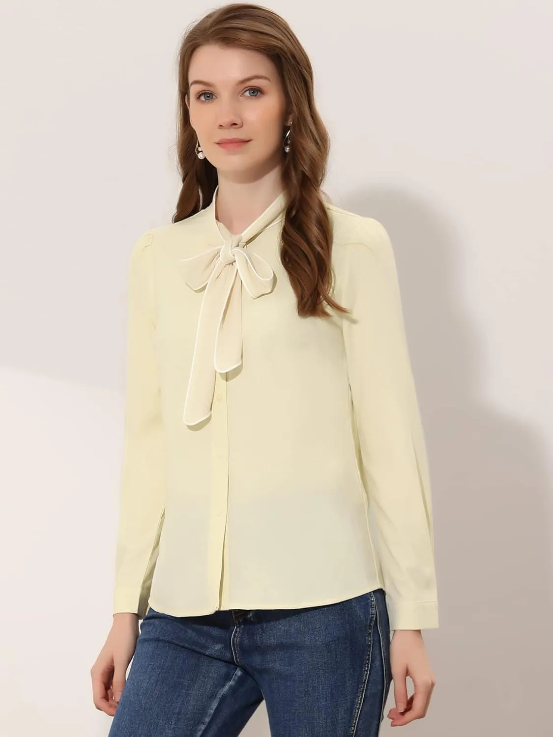 Allegra K Women's Bow Tie Blouse Button Down Long Sleeve Business Casual Work Shirt Top