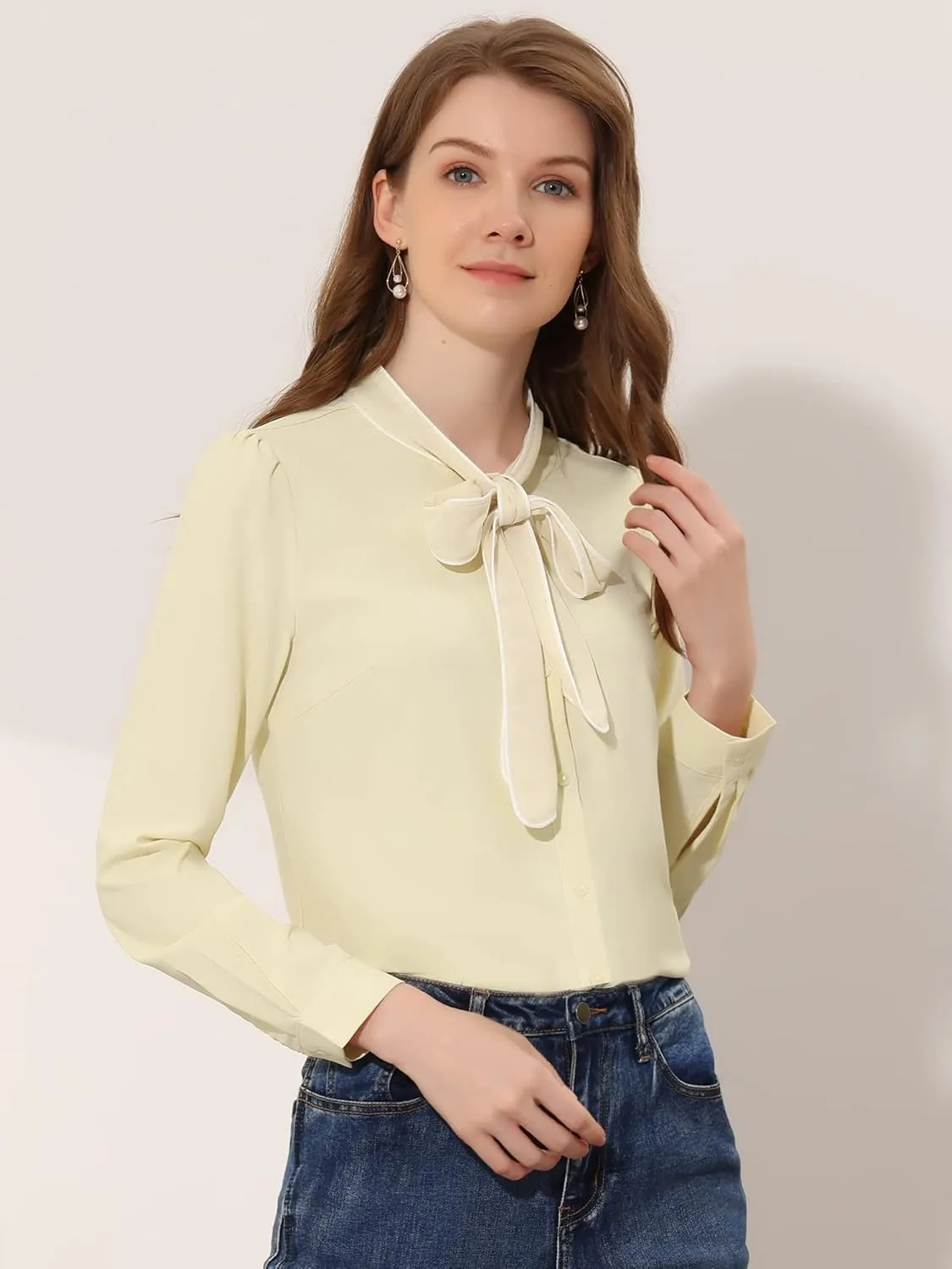 Allegra K Women's Bow Tie Blouse Button Down Long Sleeve Business Casual Work Shirt Top