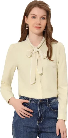 Allegra K Women's Bow Tie Blouse Button Down Long Sleeve Business Casual Work Shirt Top
