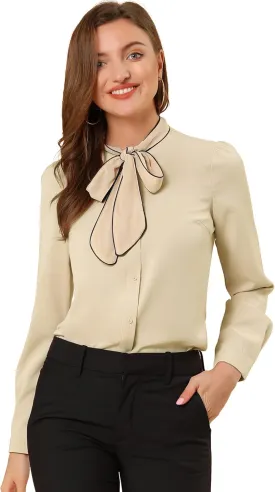 Allegra K Women's Bow Tie Blouse Button Down Long Sleeve Business Casual Work Shirt Top