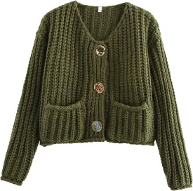 Arssm Womens Cropped Cardigan Sweaters Chunky Open Front Button Down Knit Sweater Long Sleeve Loose Cardigan Outerwear