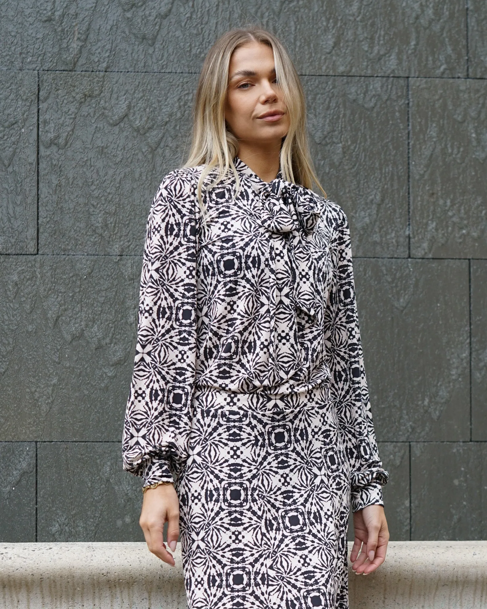 Black & Cream Bow Blouse | Zoe Geometric Print Soft Jersey Blouse