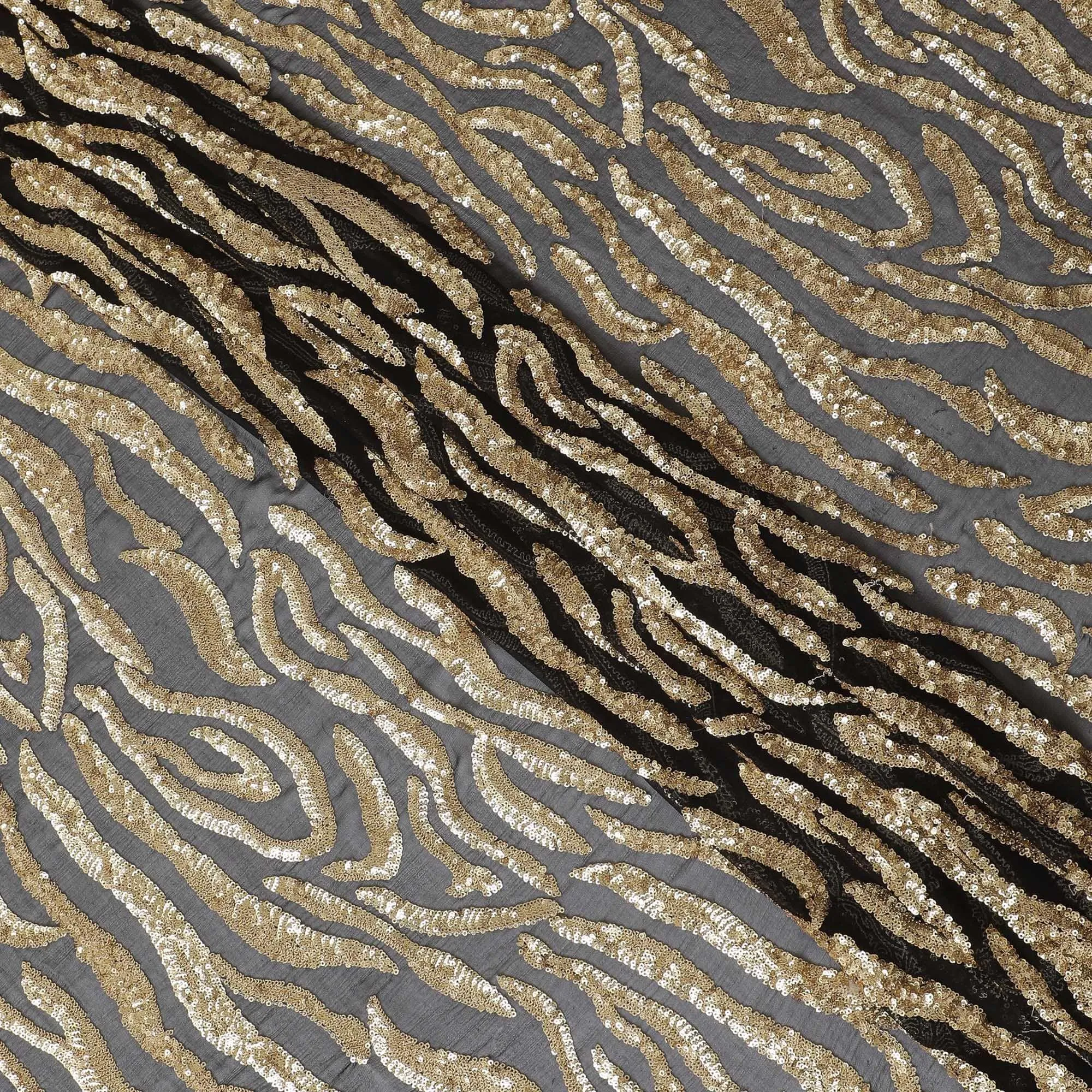 Black premium pure silk chiffon fabric with same tone sequins embroidery in geometric design-D13629