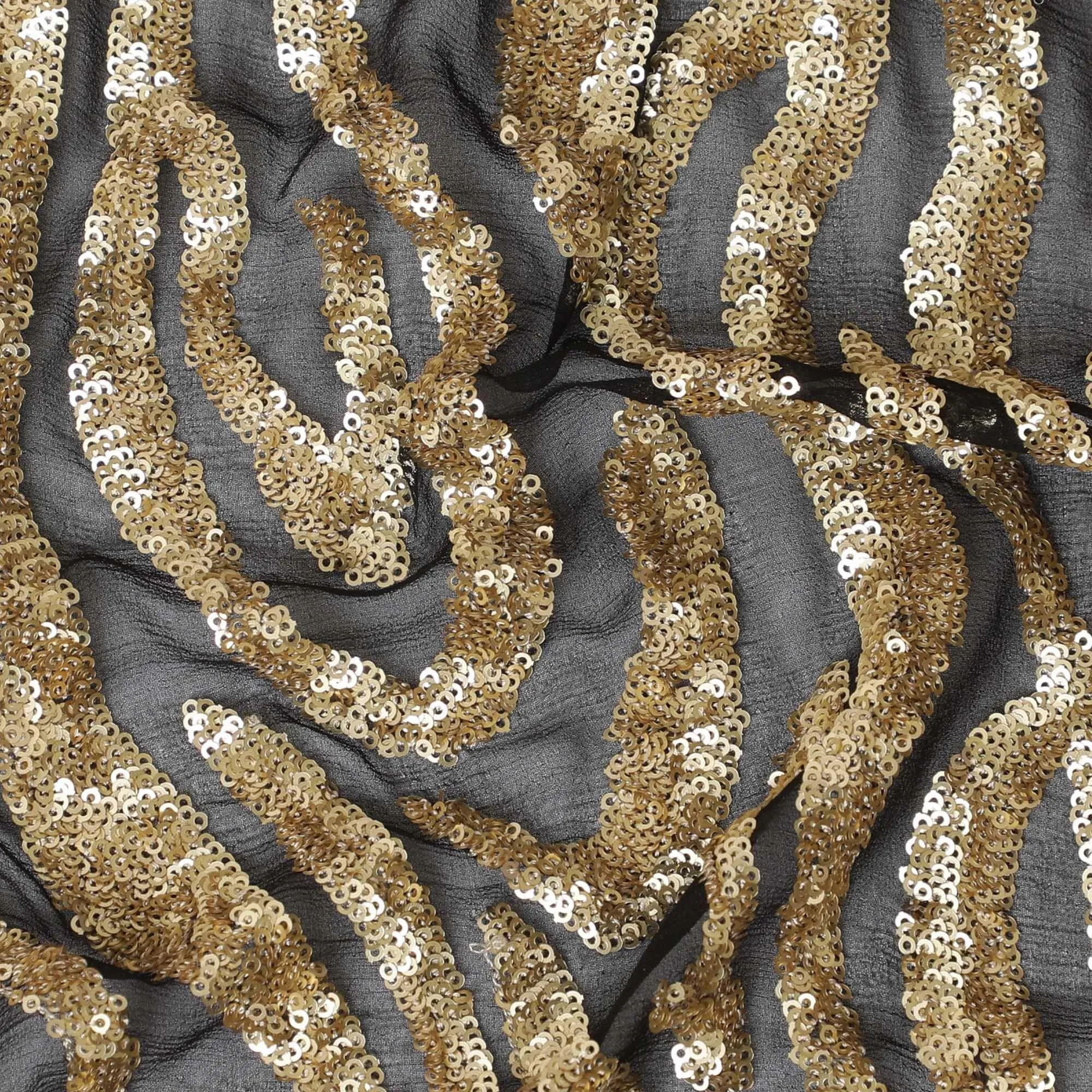 Black premium pure silk chiffon fabric with same tone sequins embroidery in geometric design-D13629