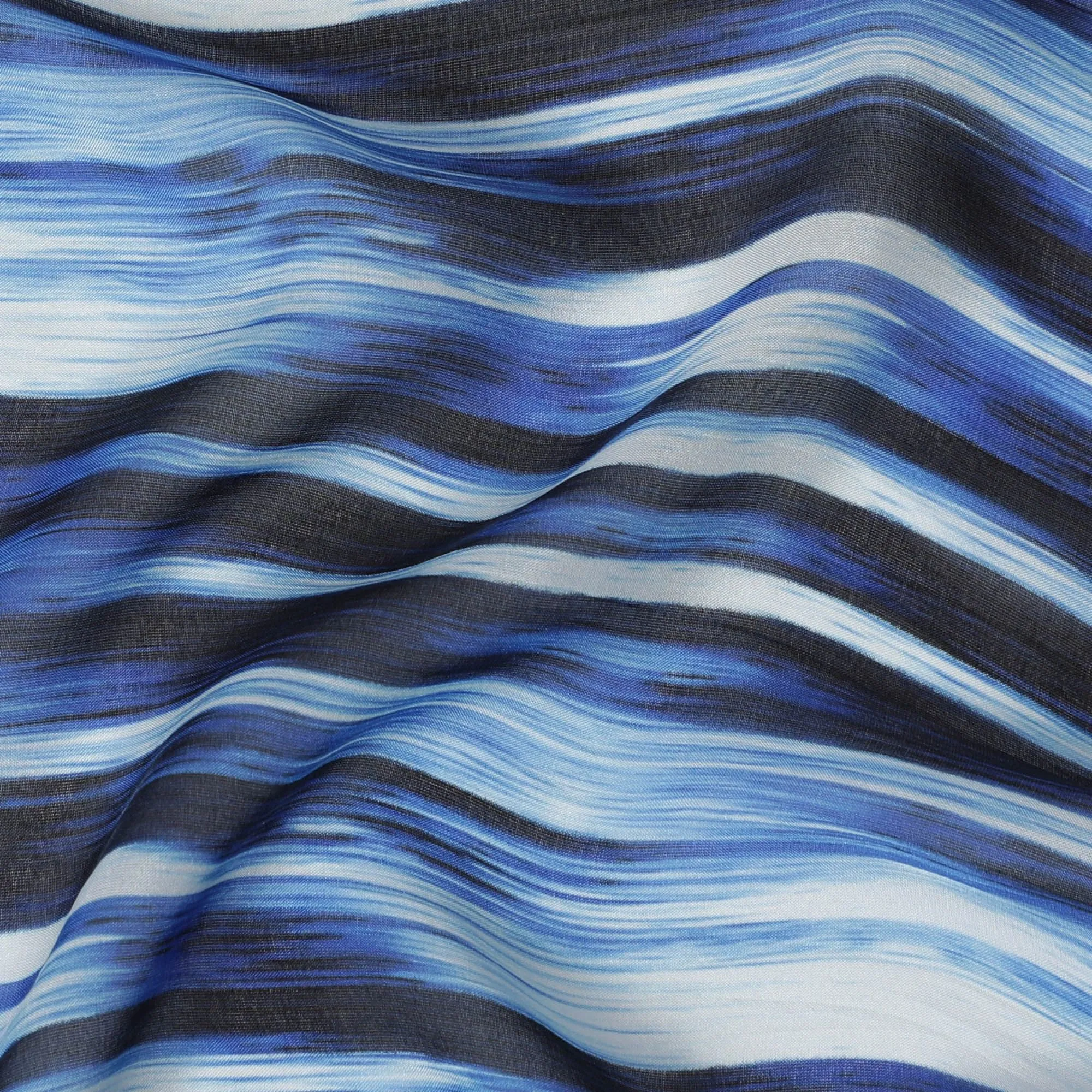 Blue Premium pure silk chiffon with pearl grey and black print in stripe design-D16988