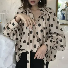 Bow Stand Collar Blouse with Lantern Sleeves