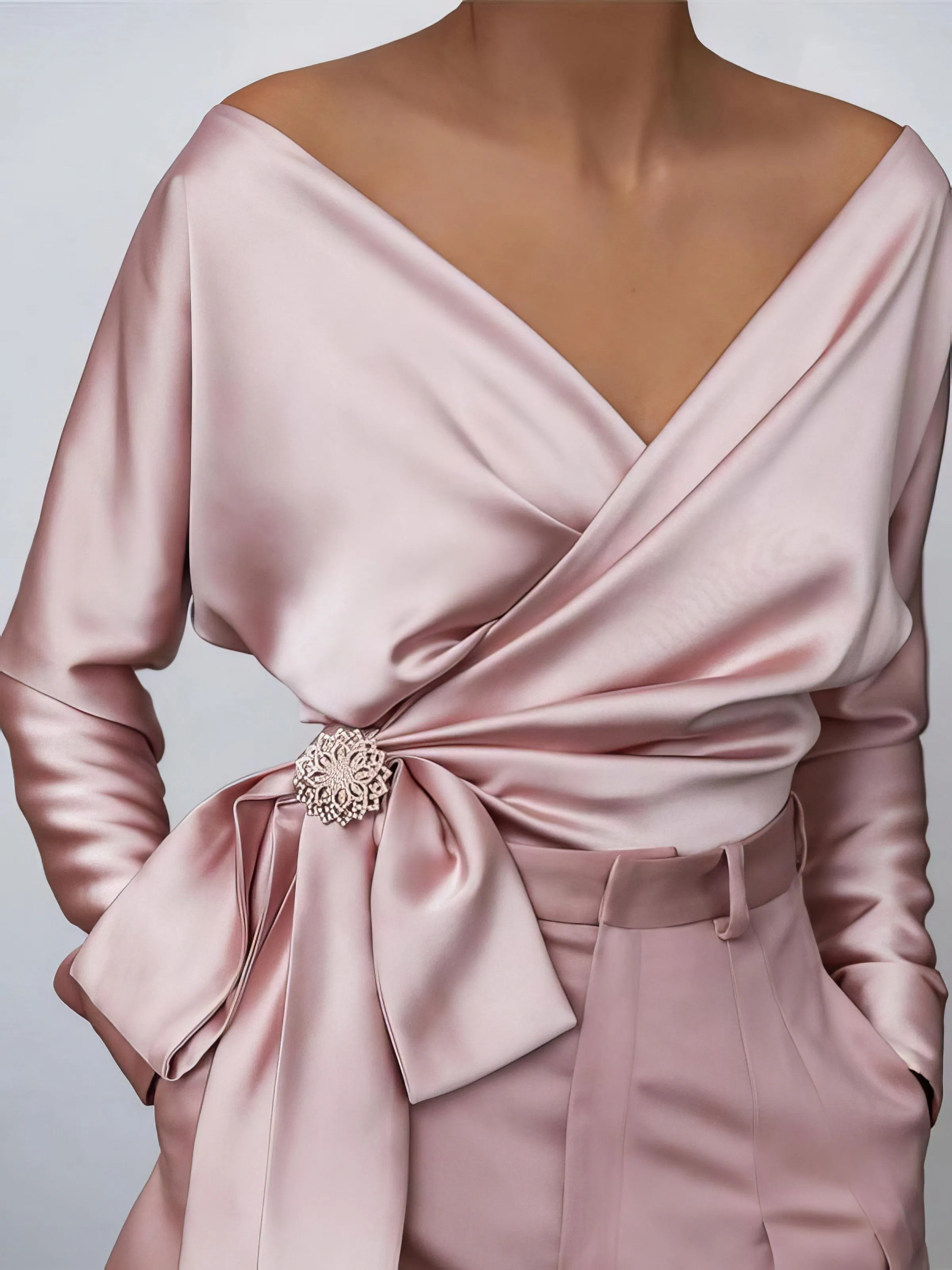 Captivating Satin Blouse with Bow and Brooch