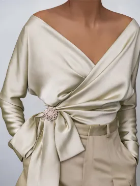 Captivating Satin Blouse with Bow and Brooch