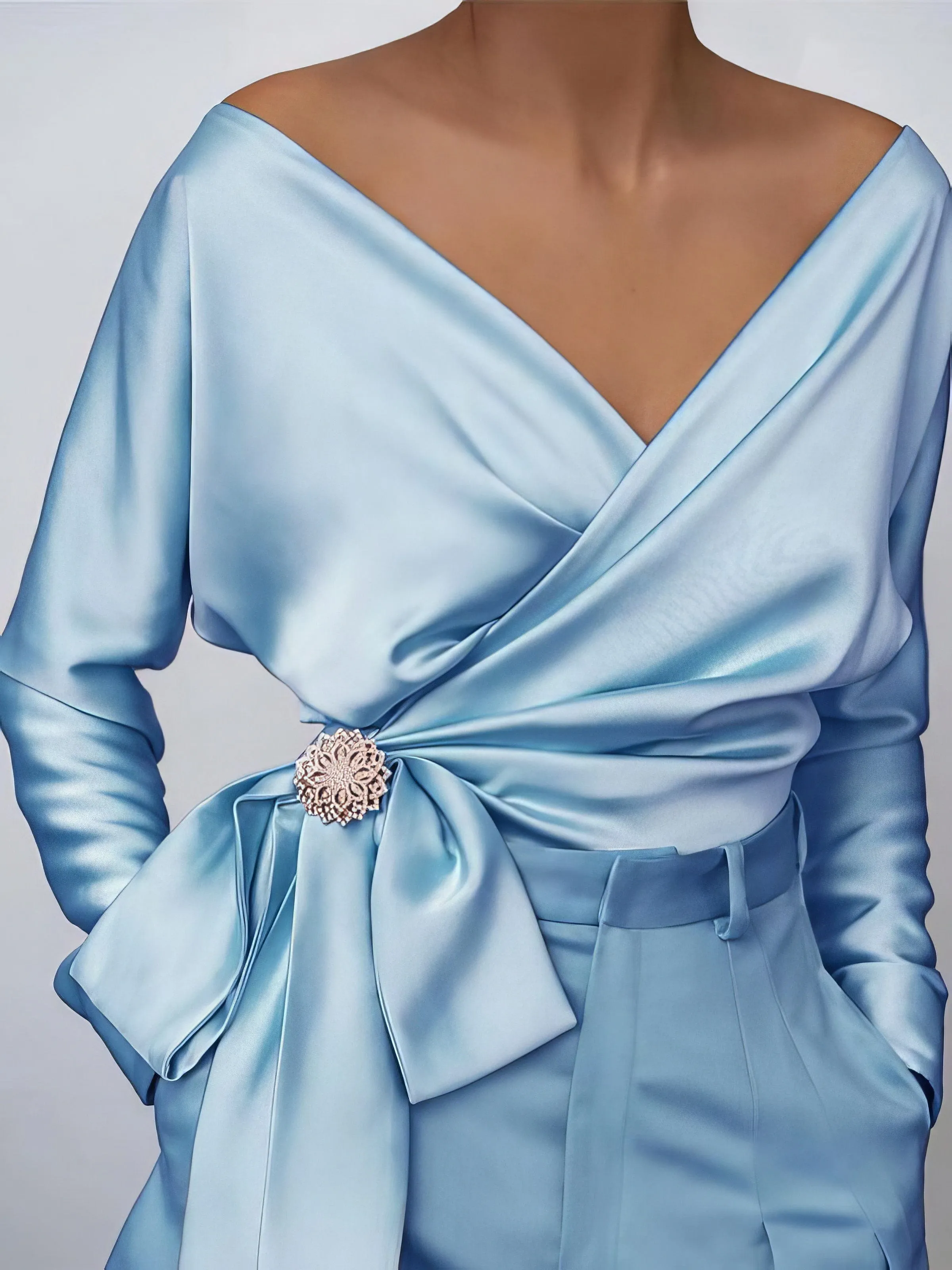 Captivating Satin Blouse with Bow and Brooch