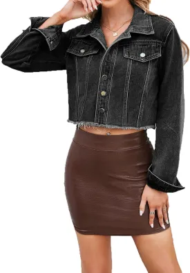 cffvdiz Women's Denim Jacket Long Sleeve Button Up Distressed Raw Edges Hem Slim Short Cropped Jean Jackets