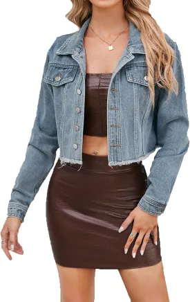 cffvdiz Women's Denim Jacket Long Sleeve Button Up Distressed Raw Edges Hem Slim Short Cropped Jean Jackets
