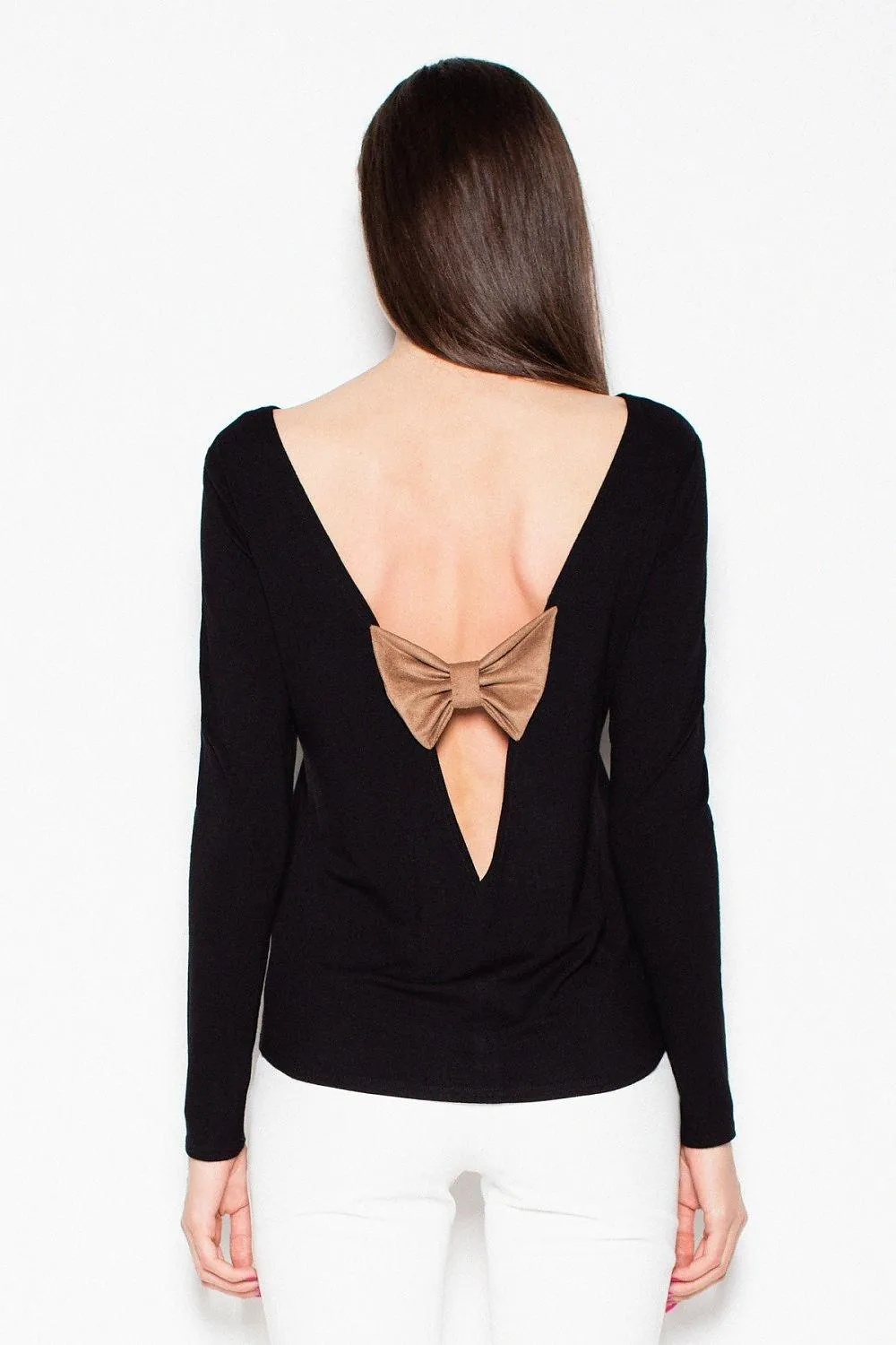 Chic Backless Blouse with Suede Bow Accent