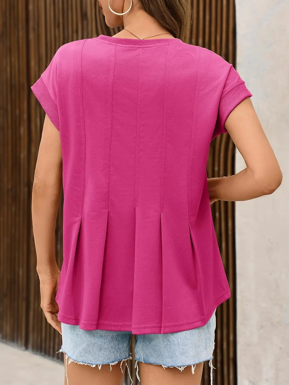 Cicy Bell Womens Summer Peplum Blouse Casual Dressy Cap Sleeve Pleated Tops Ribbed Knit Crew Neck Shirts