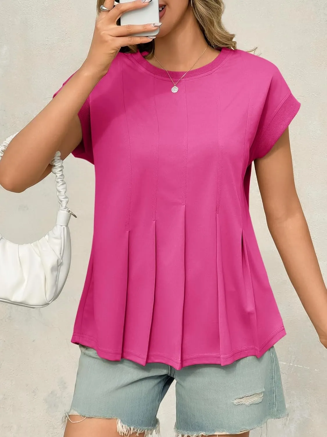 Cicy Bell Womens Summer Peplum Blouse Casual Dressy Cap Sleeve Pleated Tops Ribbed Knit Crew Neck Shirts