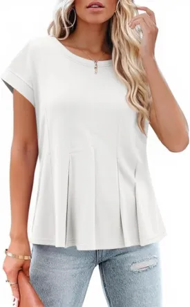 Cicy Bell Womens Summer Peplum Blouse Casual Dressy Cap Sleeve Pleated Tops Ribbed Knit Crew Neck Shirts