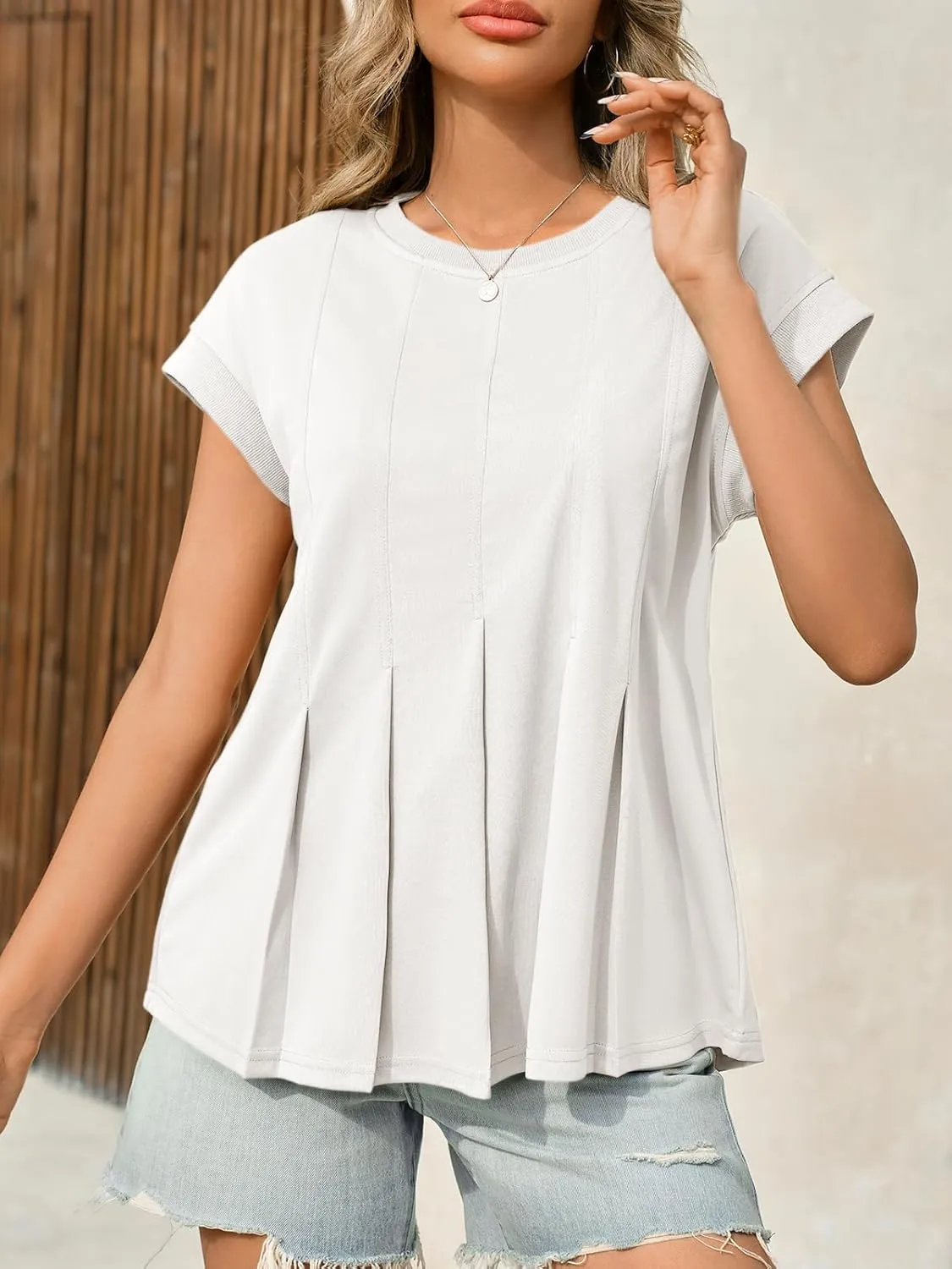 Cicy Bell Womens Summer Peplum Blouse Casual Dressy Cap Sleeve Pleated Tops Ribbed Knit Crew Neck Shirts