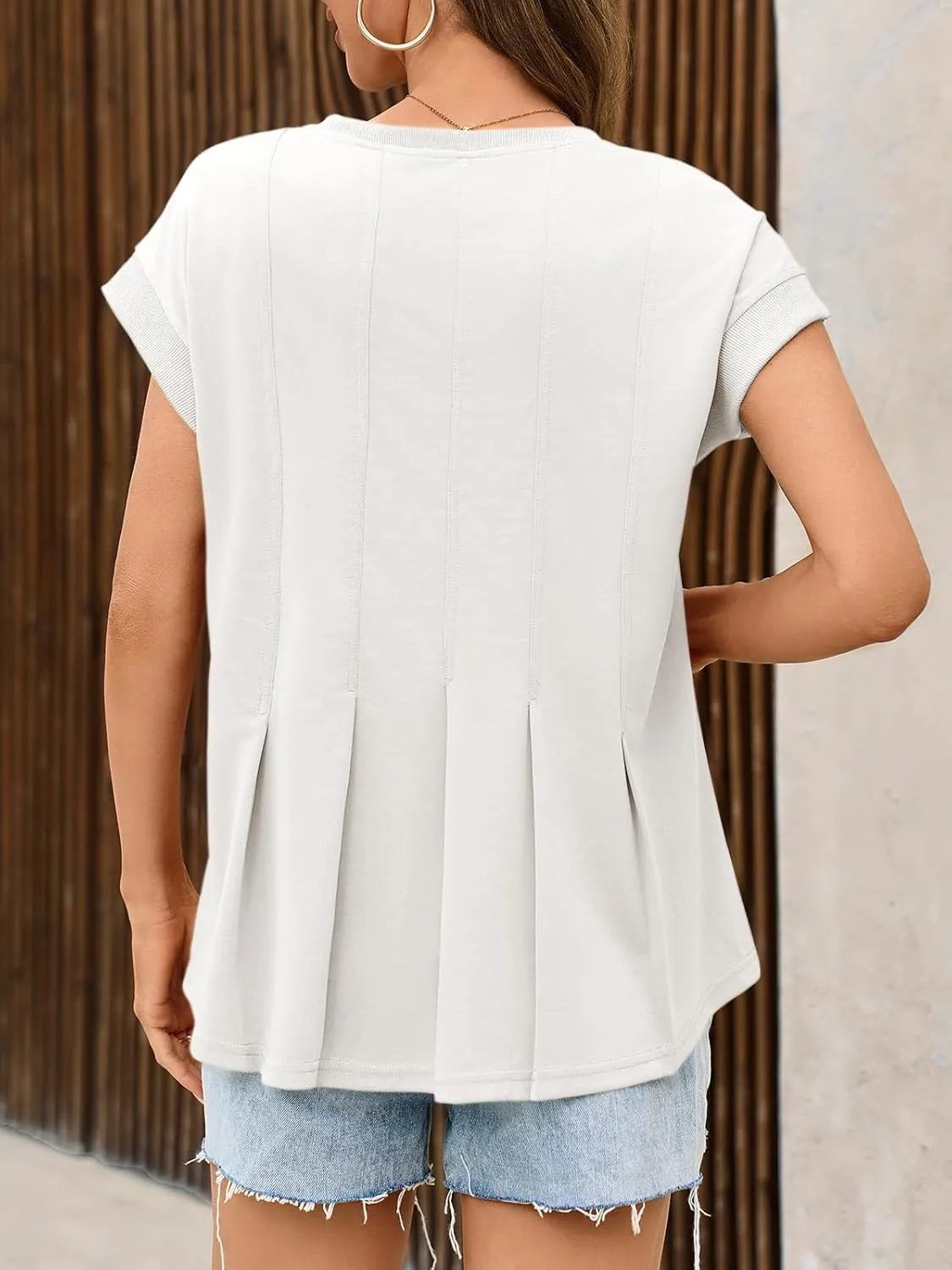 Cicy Bell Womens Summer Peplum Blouse Casual Dressy Cap Sleeve Pleated Tops Ribbed Knit Crew Neck Shirts